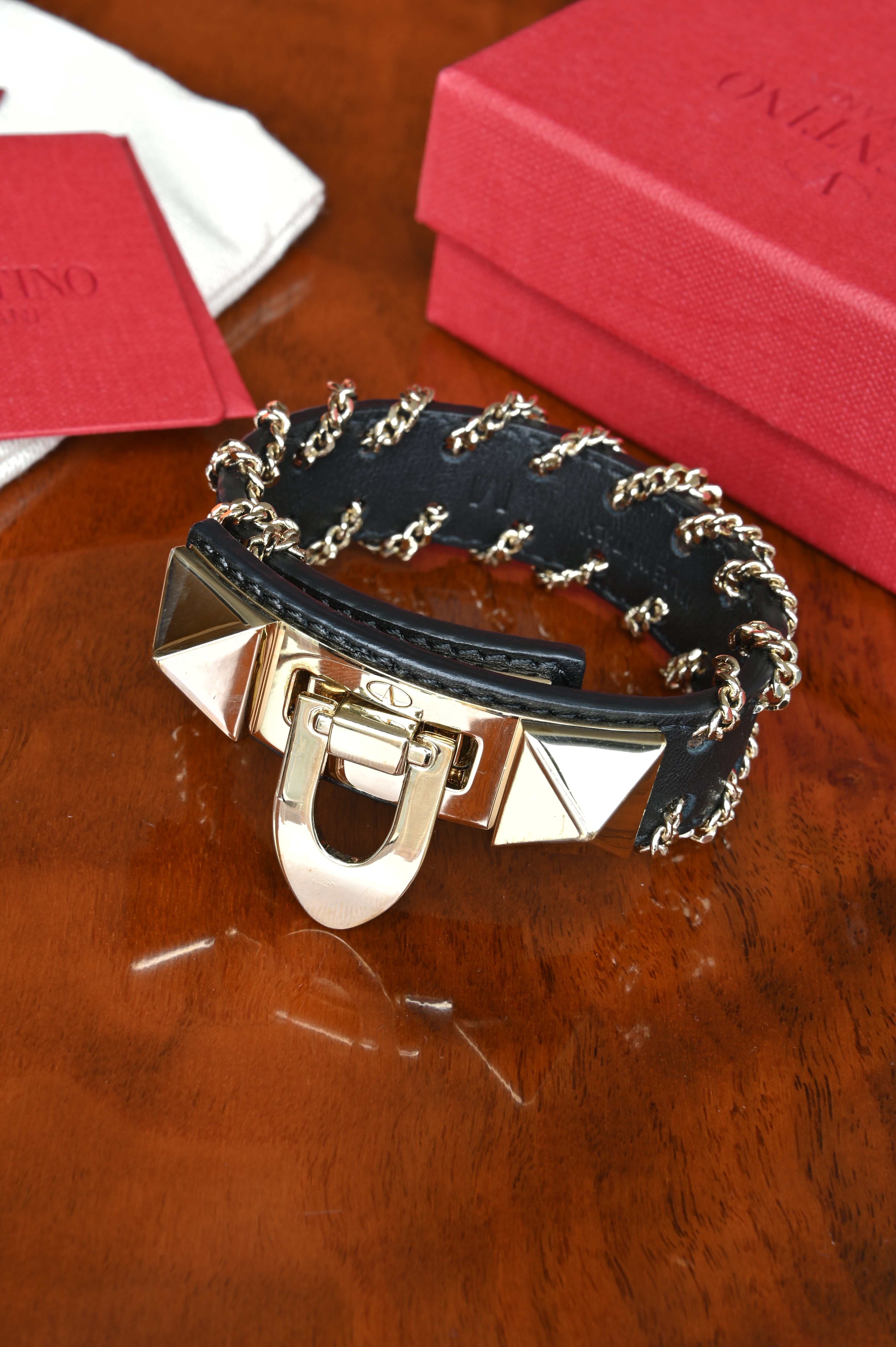 Valentino Black Leather Rockstud Chain Bracelet