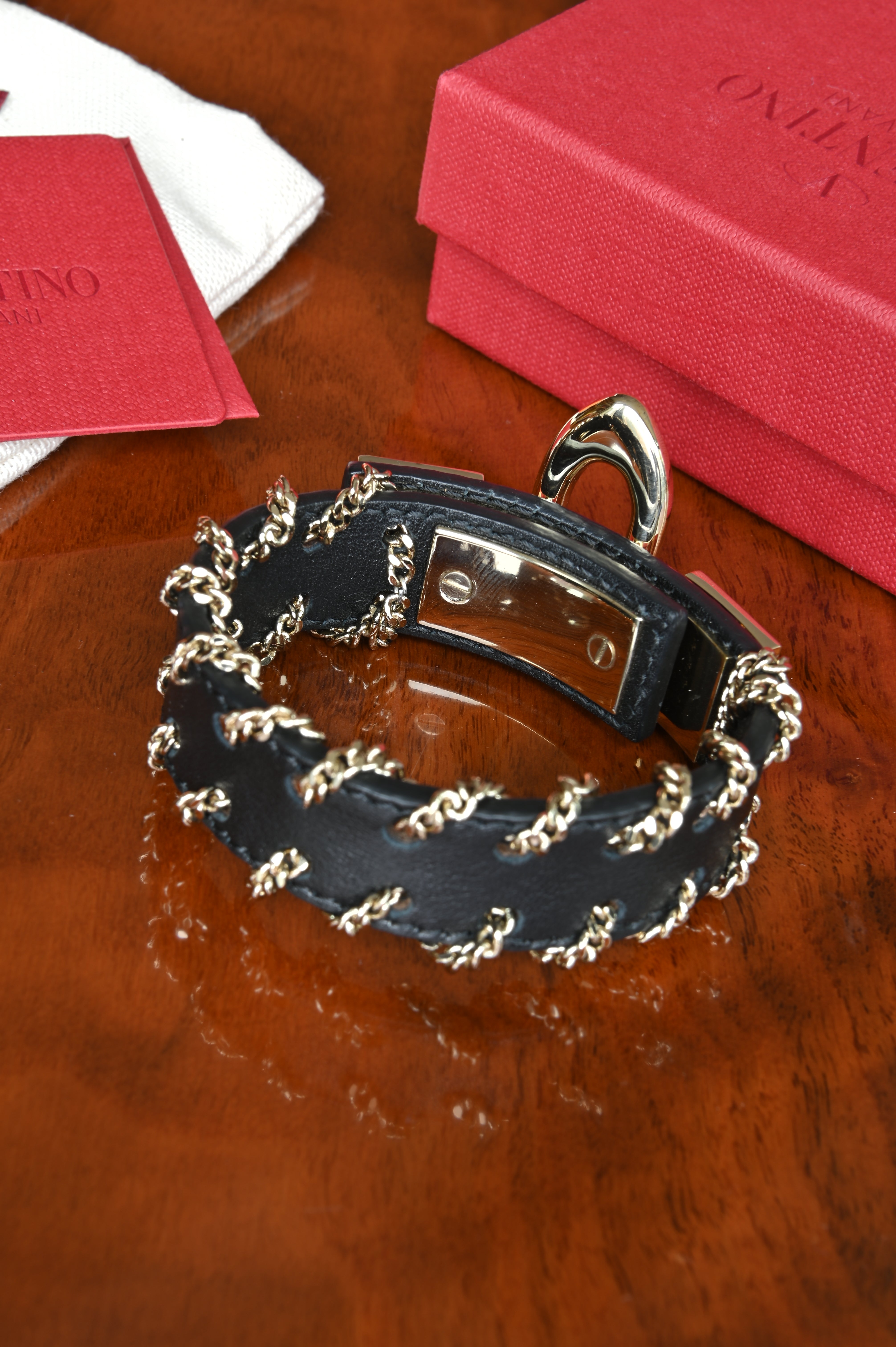 Valentino Black Leather Rockstud Chain Bracelet