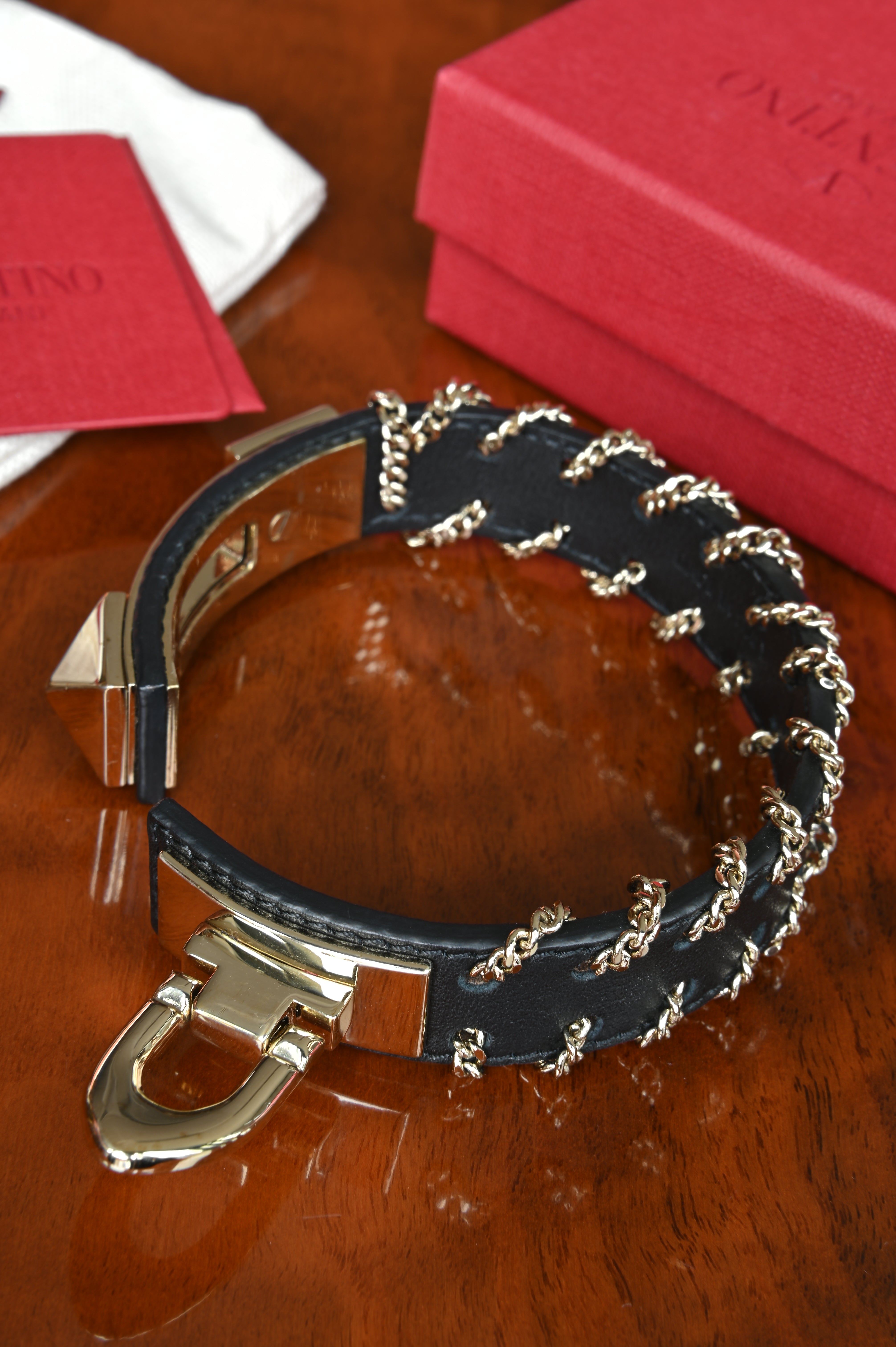 Valentino Black Leather Rockstud Chain Bracelet