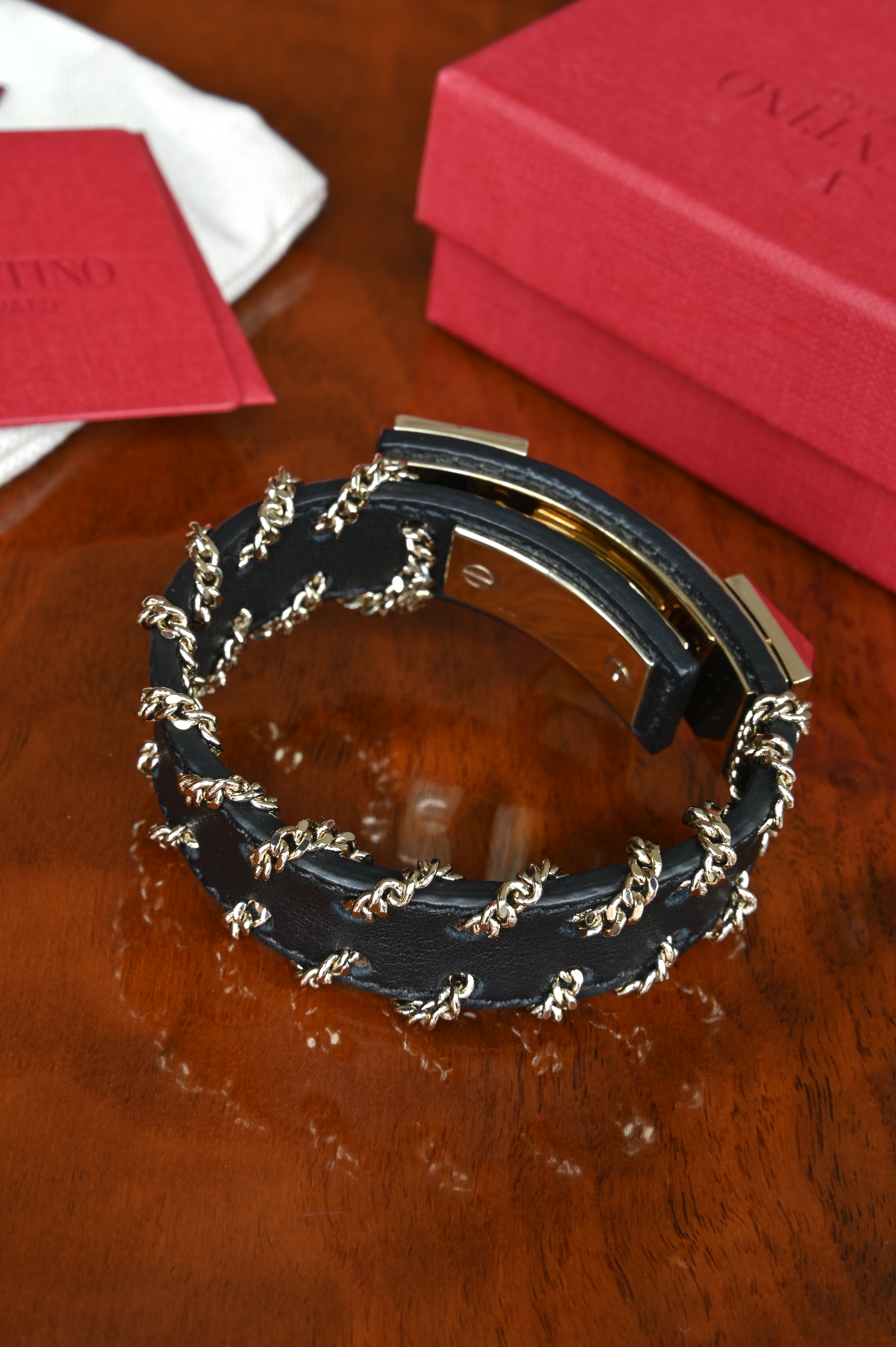 Valentino Black Leather Rockstud Chain Bracelet