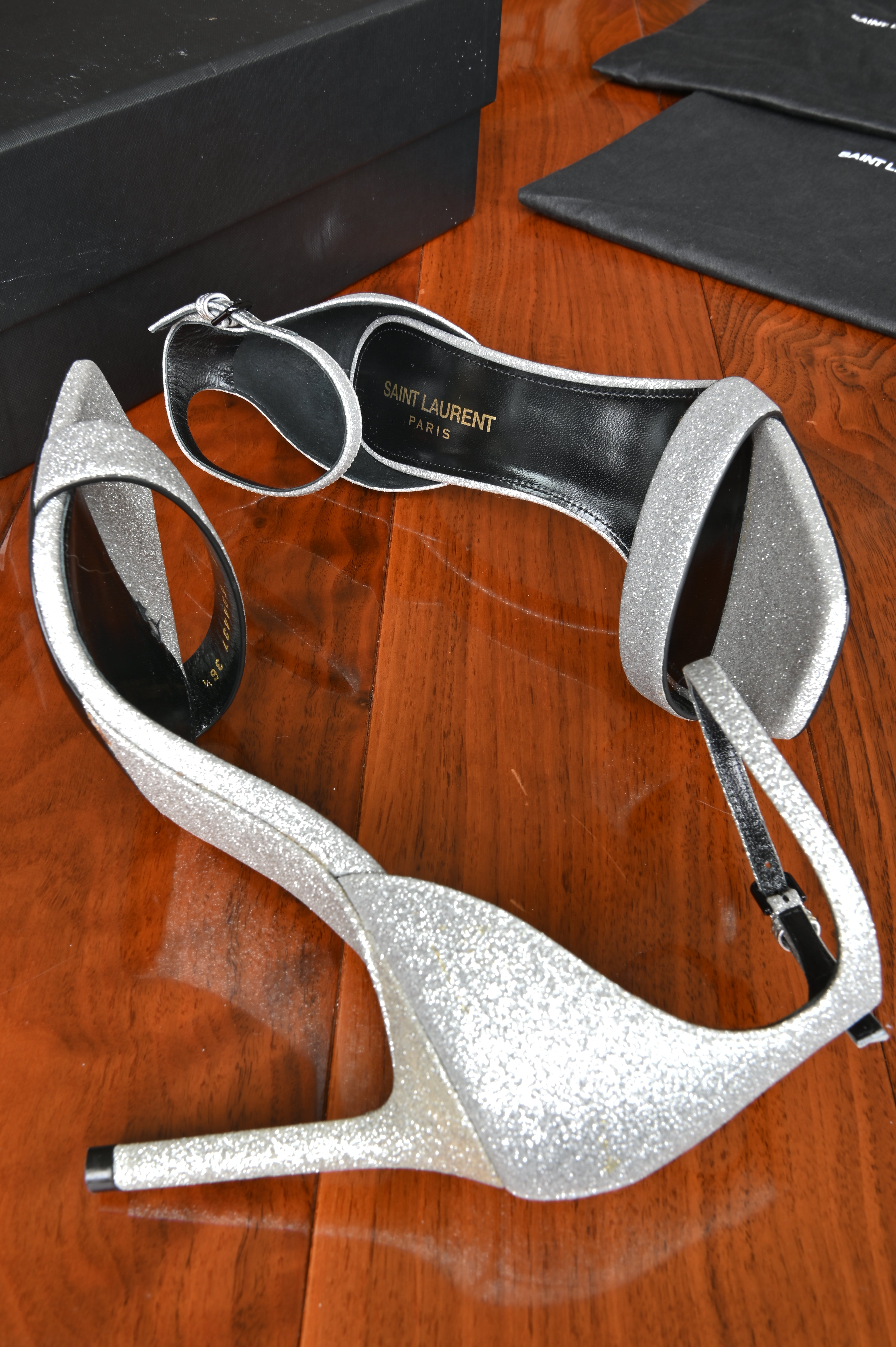 Saint Laurent Silver Glitter Amber Heels