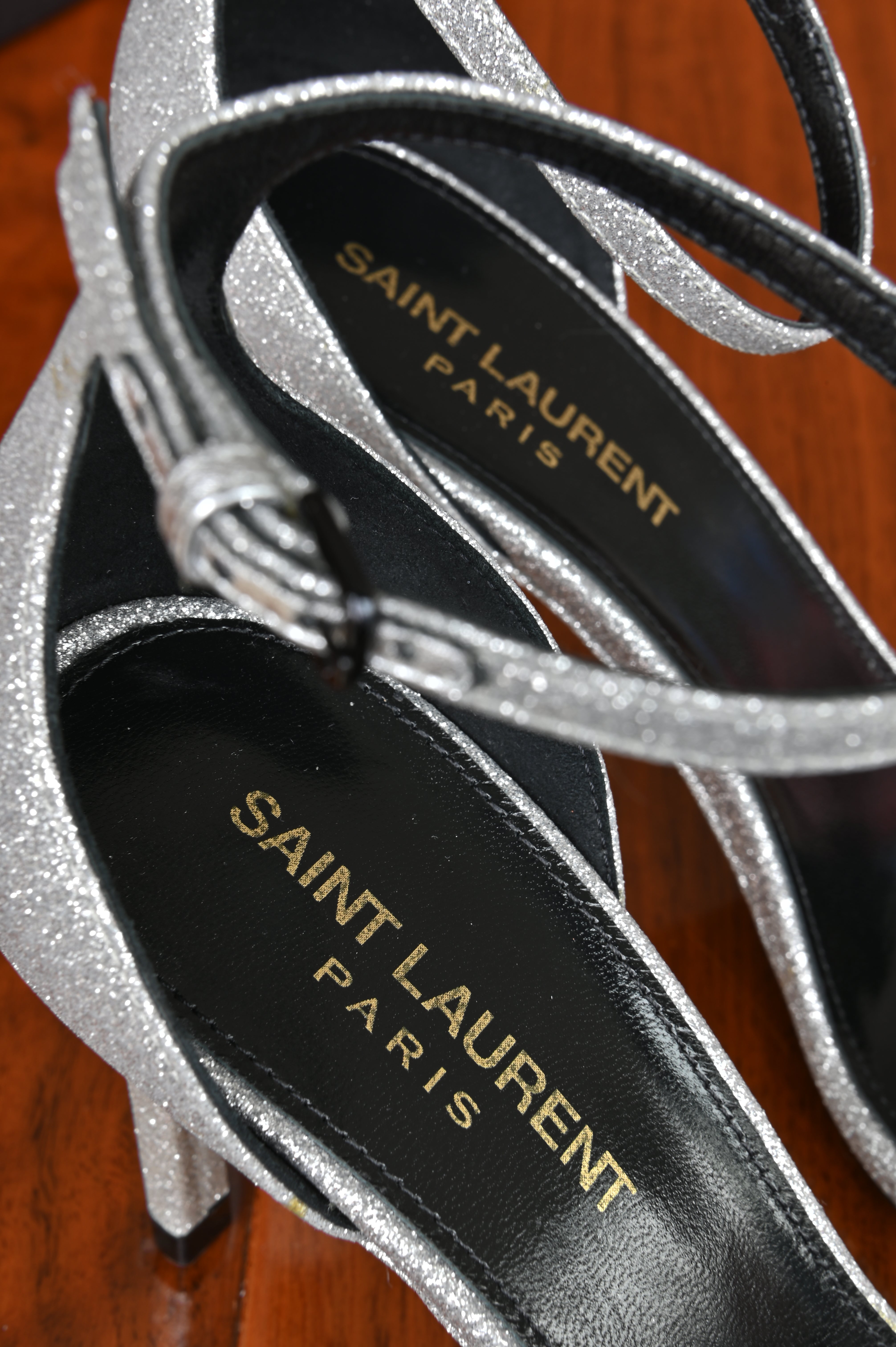 Saint Laurent Silver Glitter Amber Heels