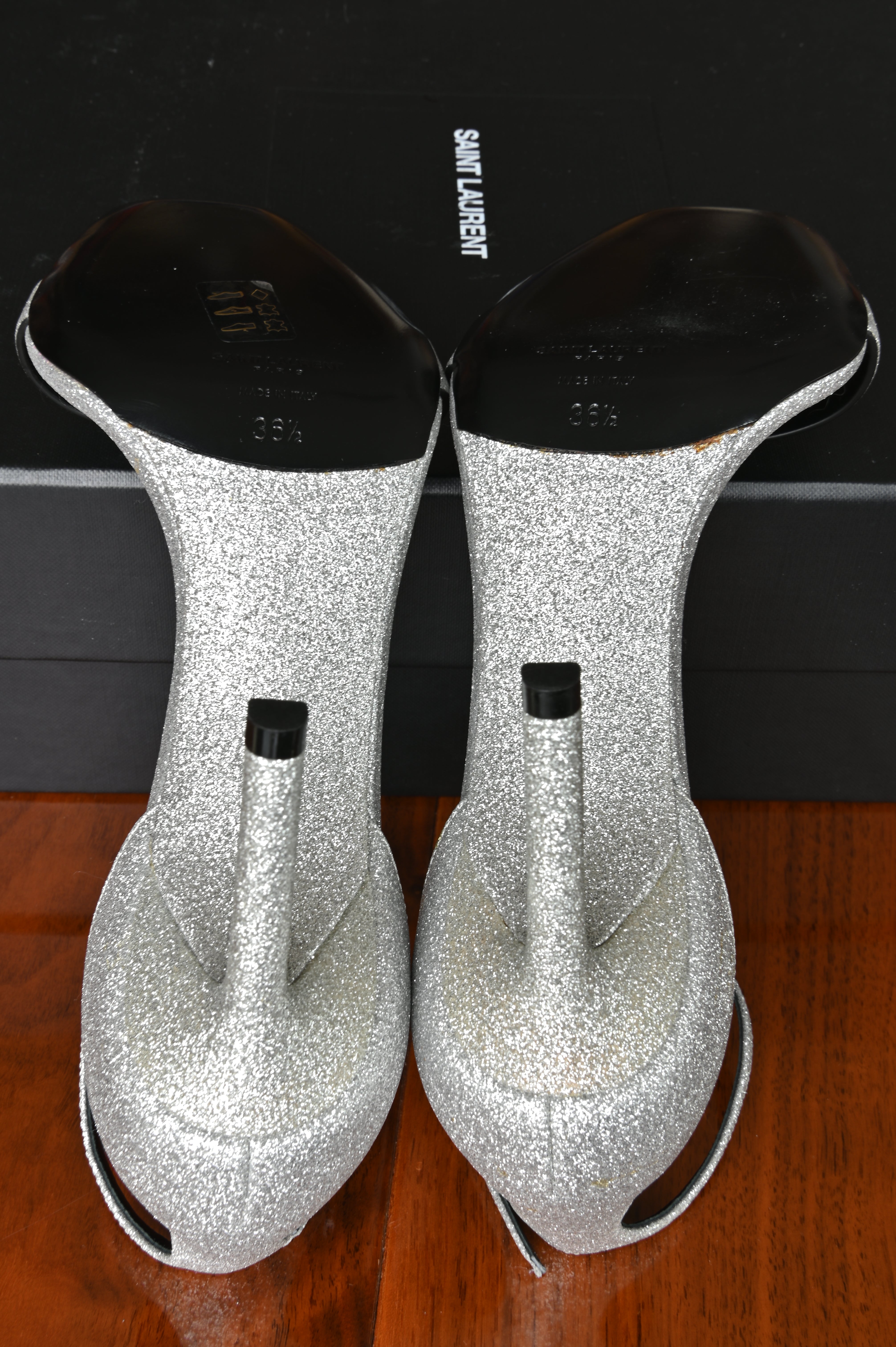 Saint Laurent Silver Glitter Amber Heels