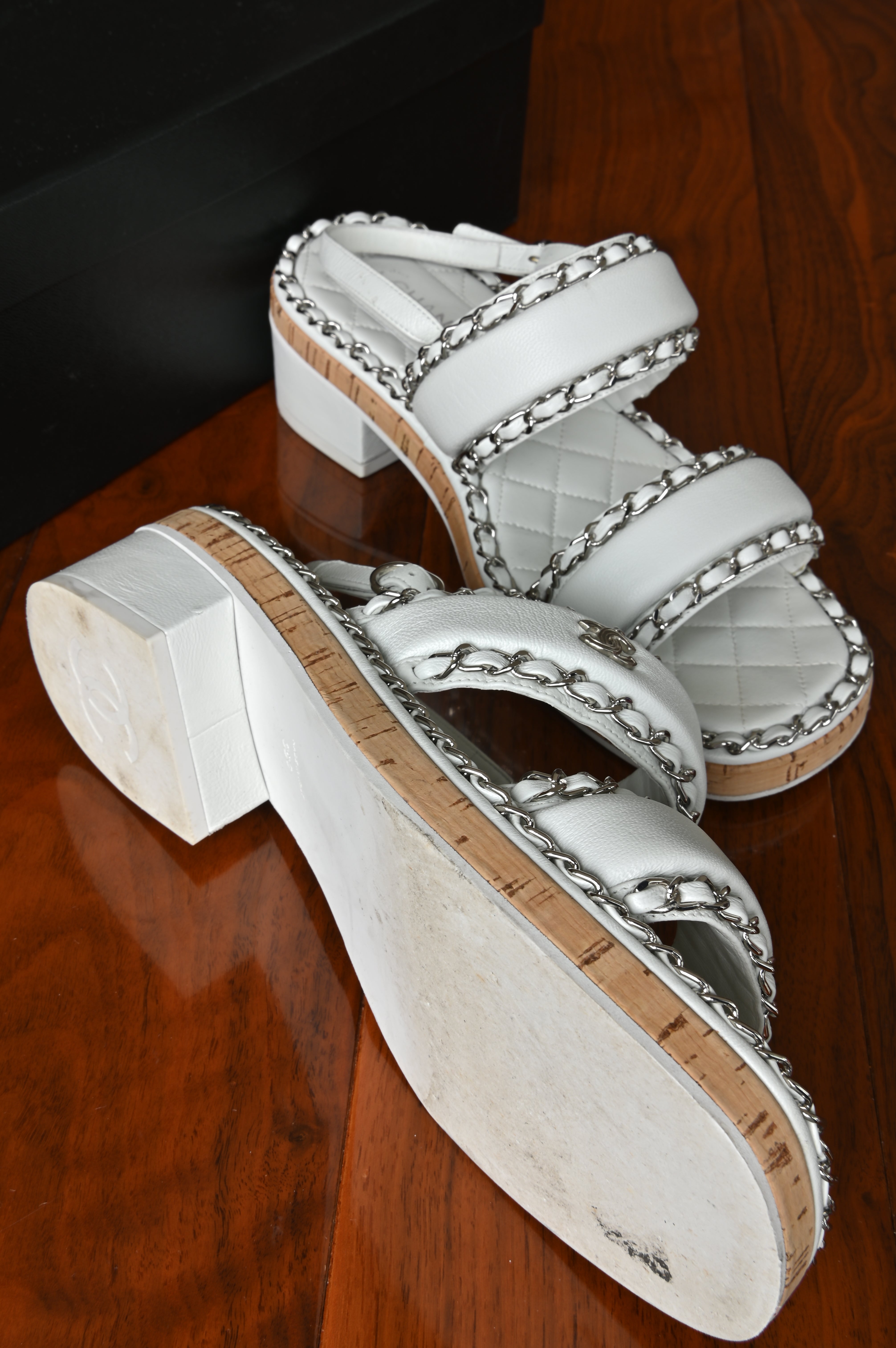 Chanel White Chained Lamb Sandals