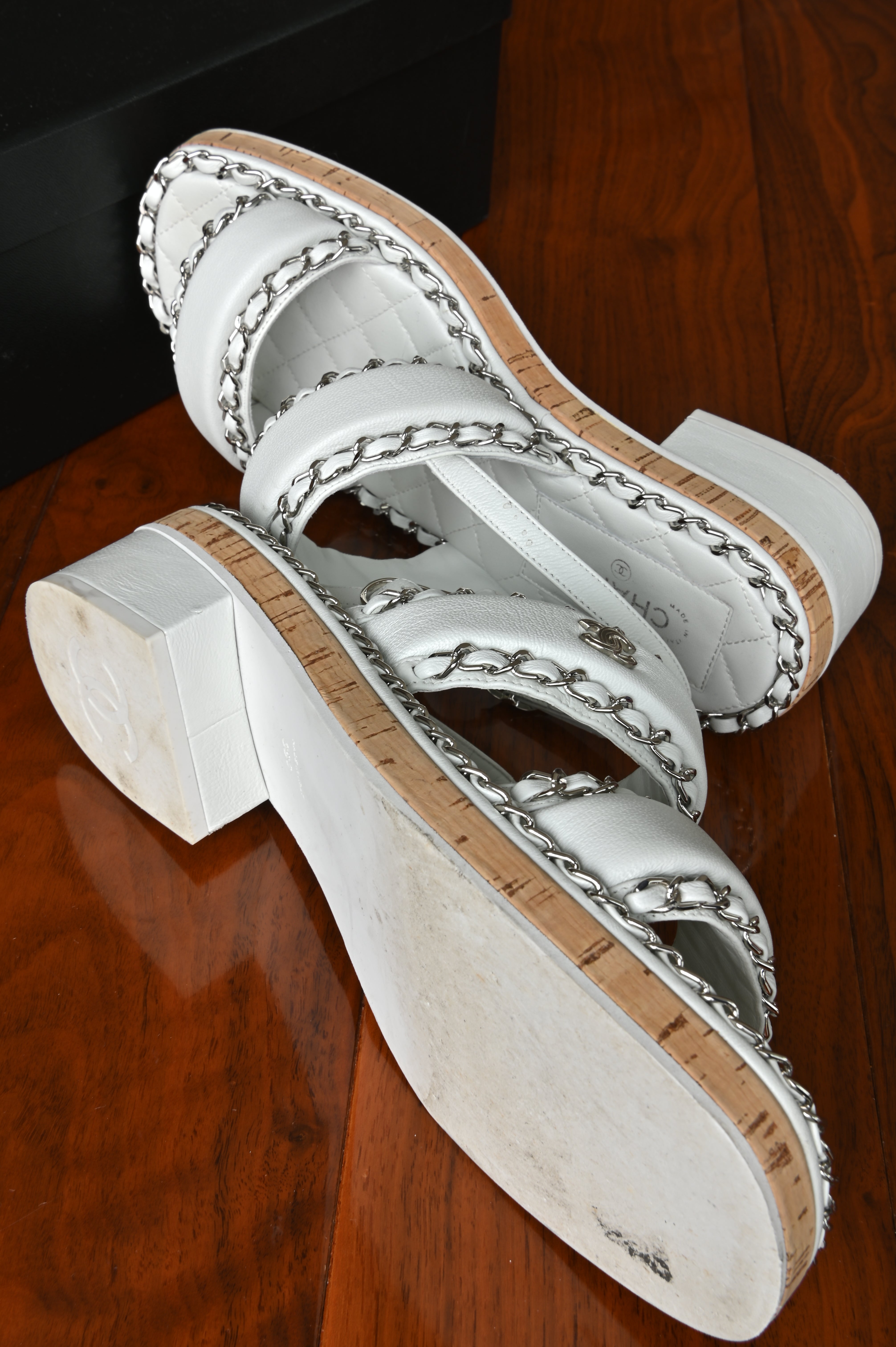 Chanel White Chained Lamb Sandals