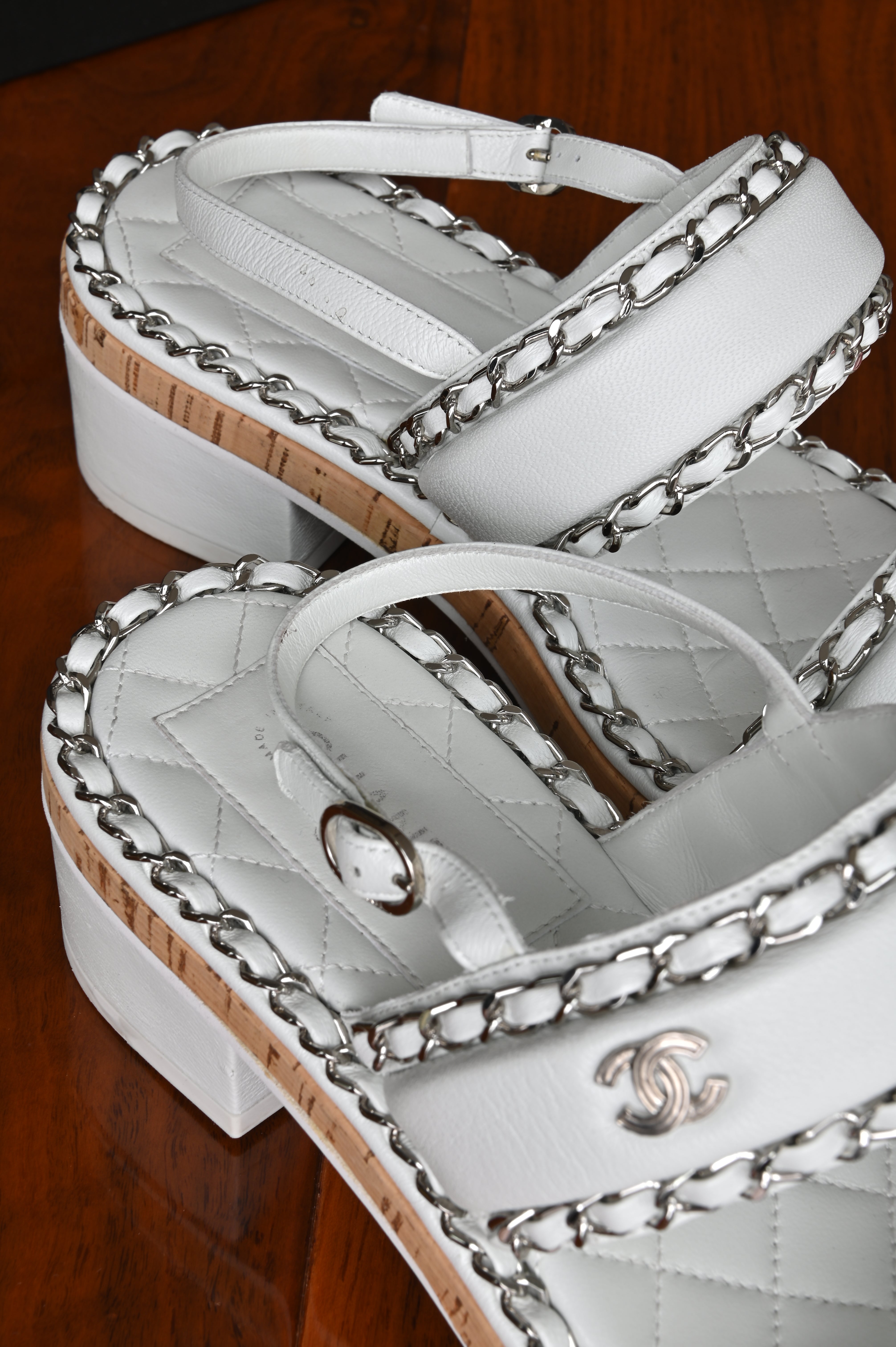 Chanel White Chained Lamb Sandals