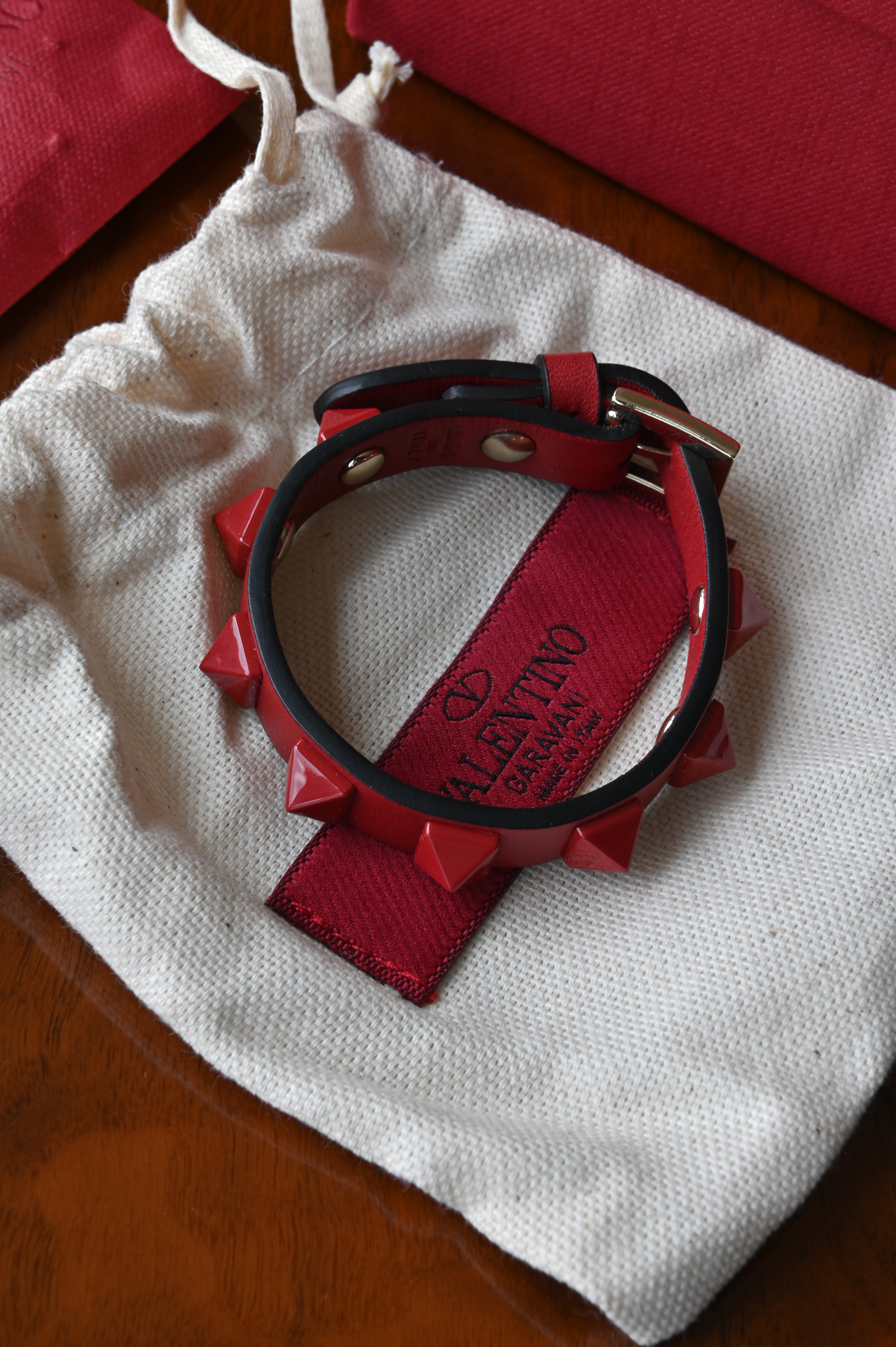 Valentino Garavani Red Rockstud Leather Bracelet