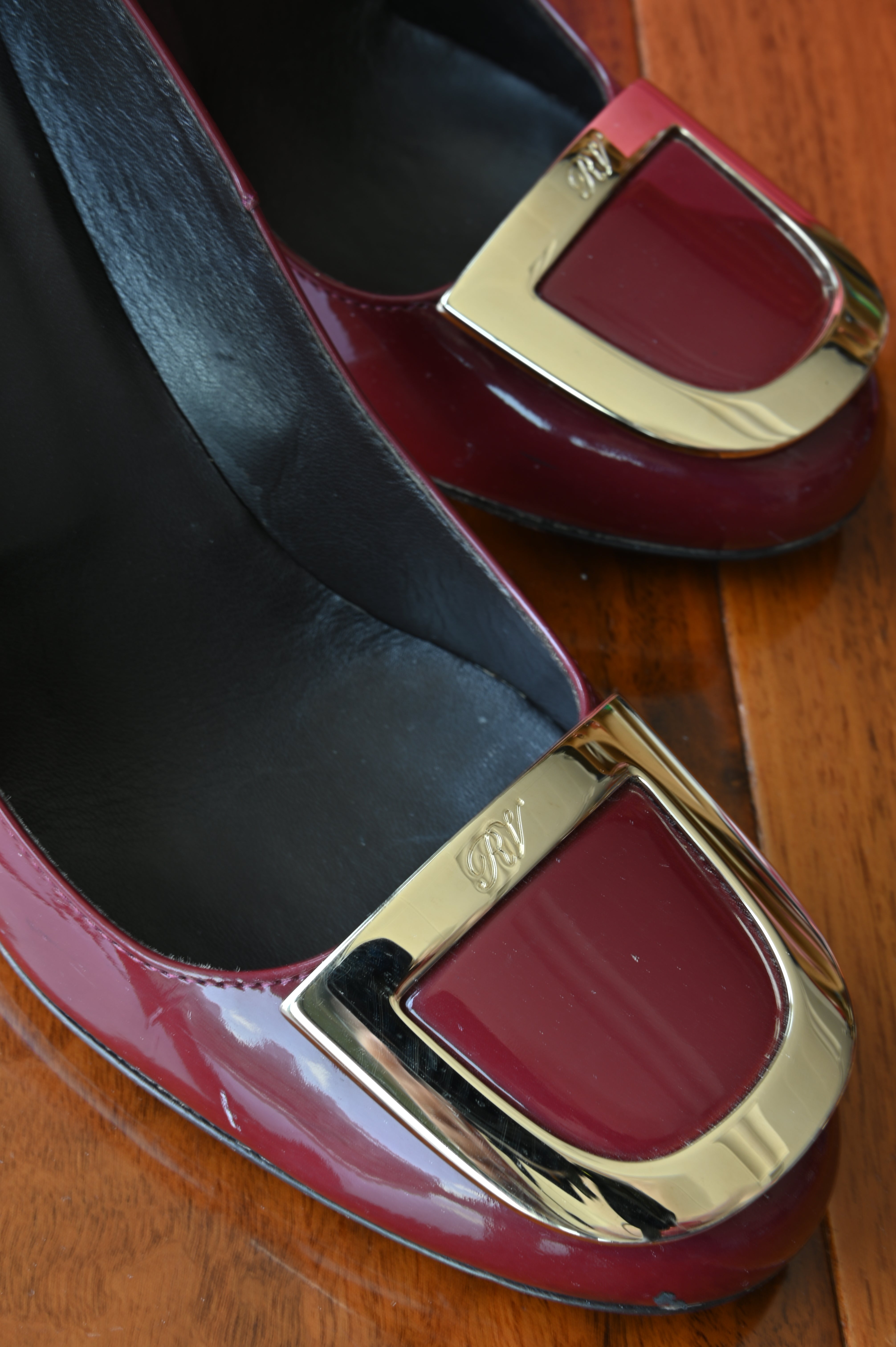 Roger Vivier Red Patent Gold Buckle Pumps