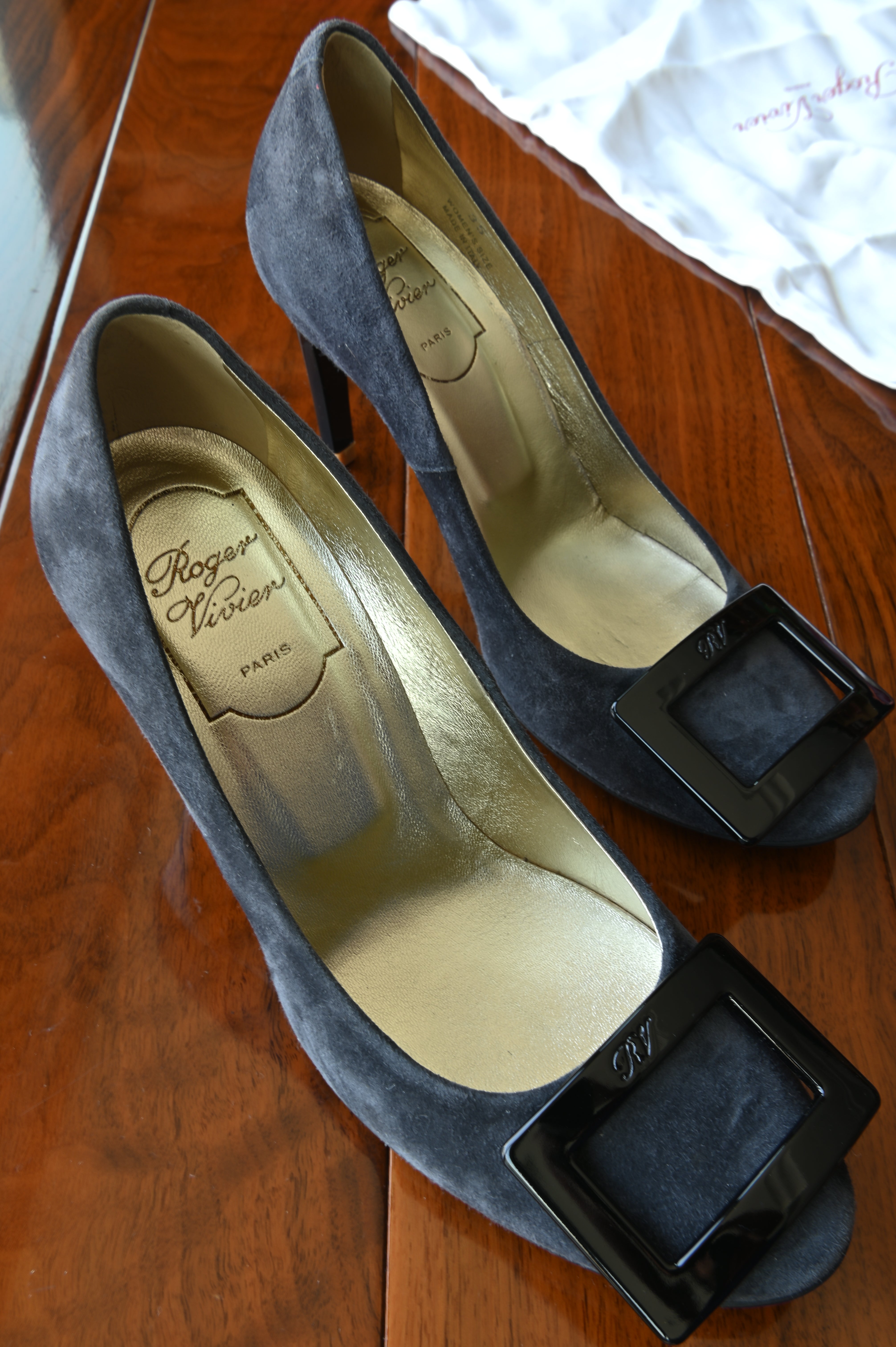 Roger Vivier Gray Suede Black Buckle Pumps