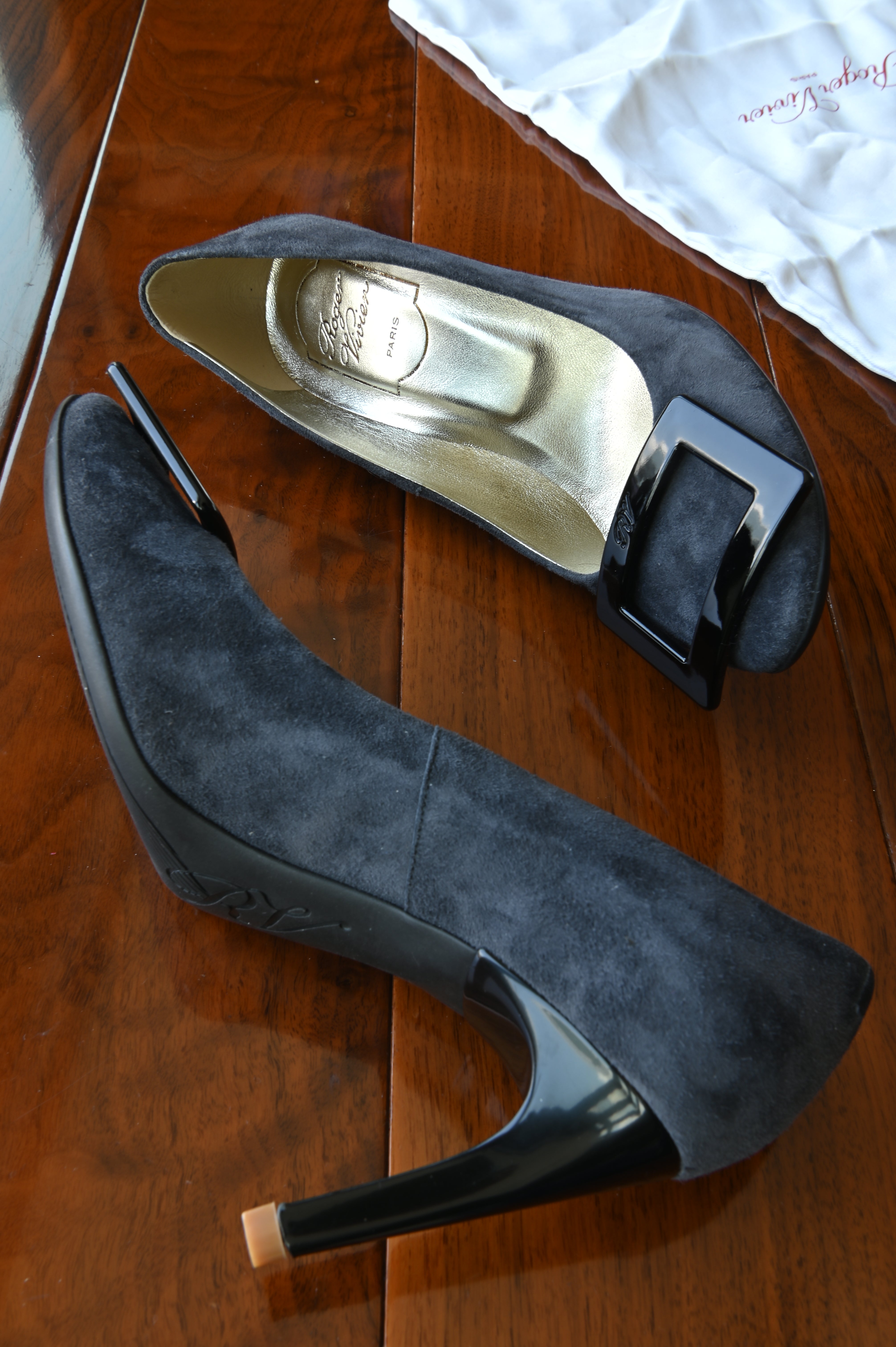 Roger Vivier Gray Suede Black Buckle Pumps