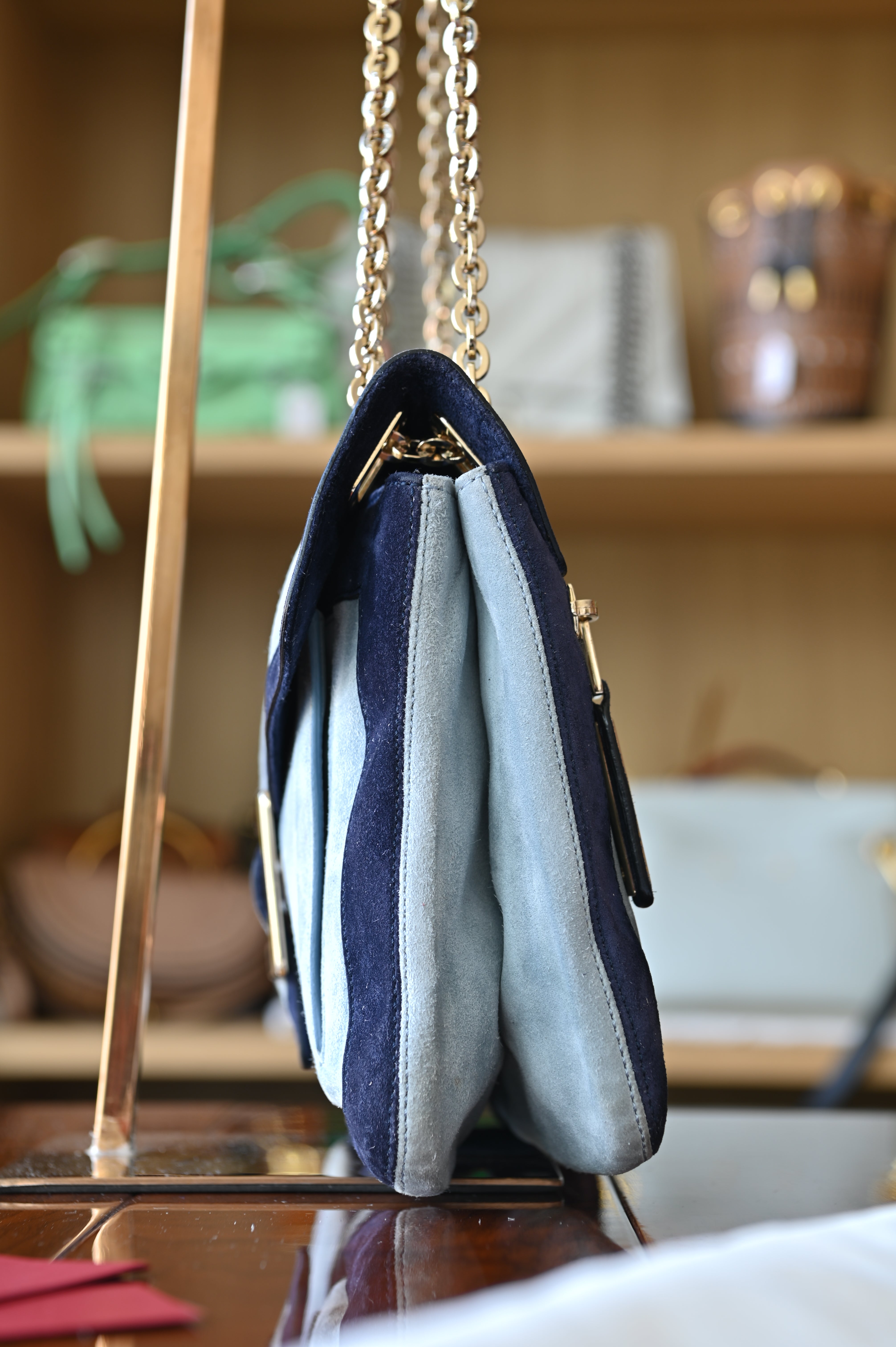 Roger Vivier Blue Suede Gold Buckle Shoulder Bag