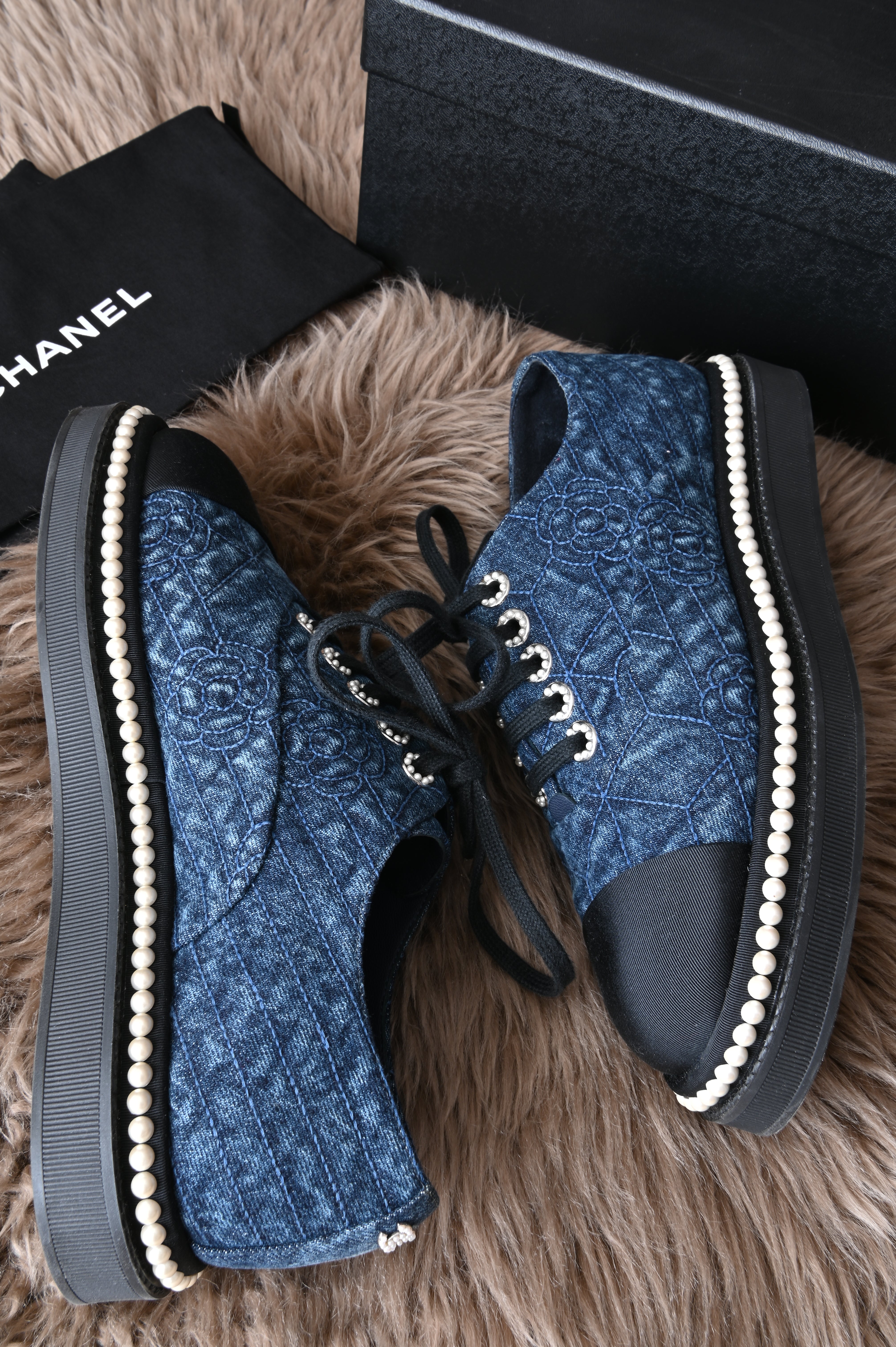 Chanel Denim Camellia sneakers in navy Blue with white Pearls
