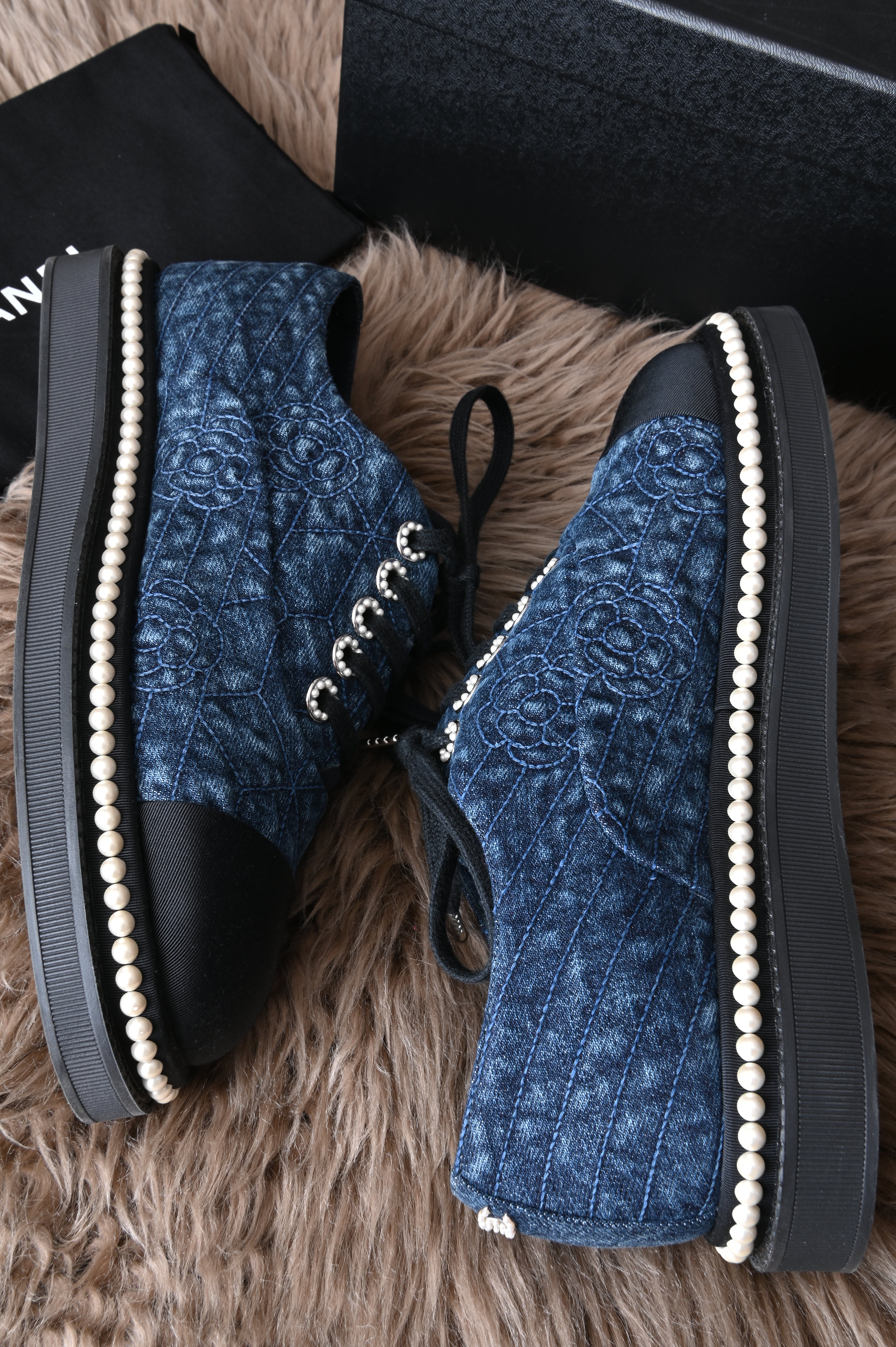 Chanel Denim Camellia sneakers in navy Blue with white Pearls