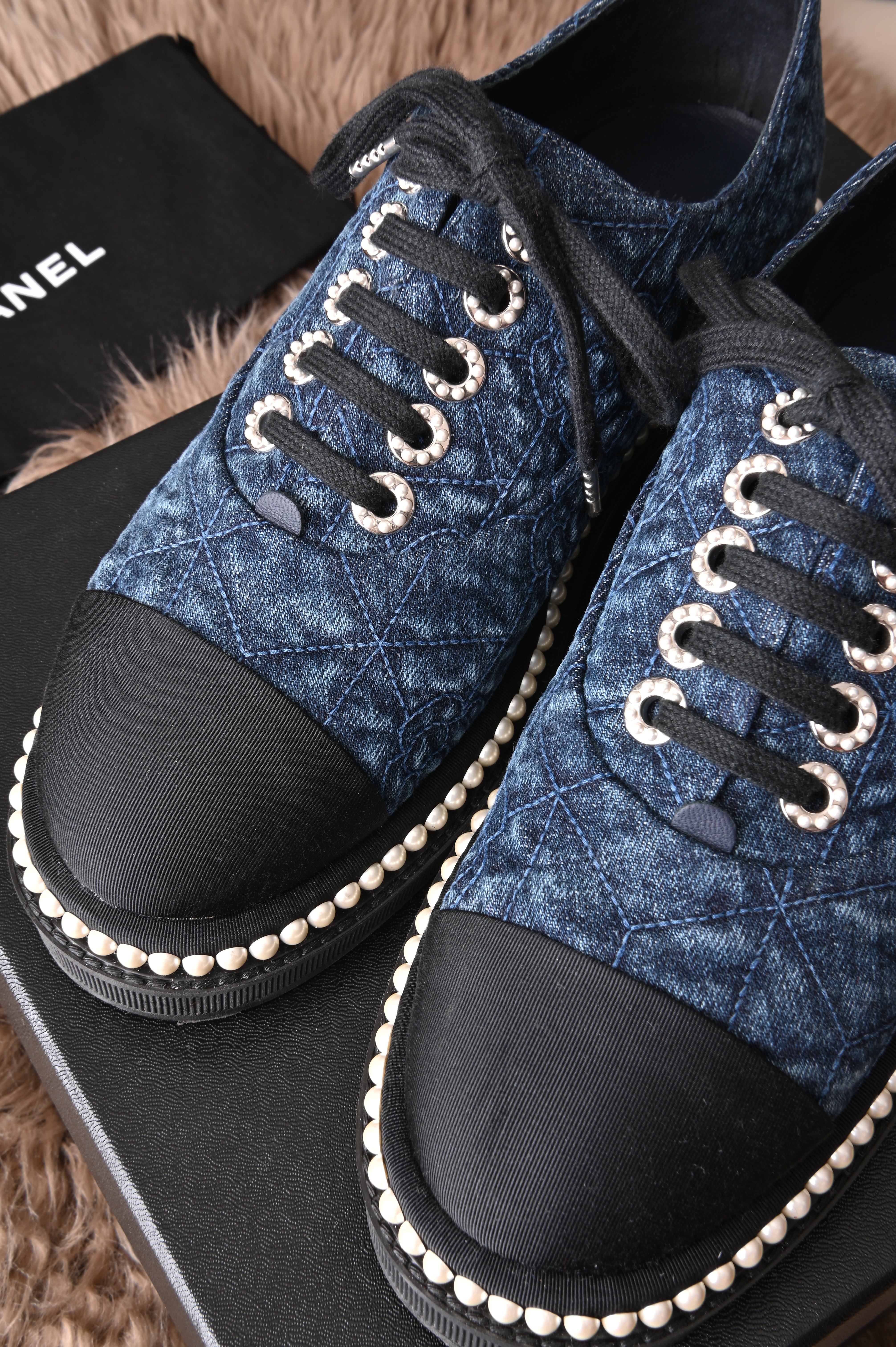 Chanel Denim Camellia sneakers in navy Blue with white Pearls