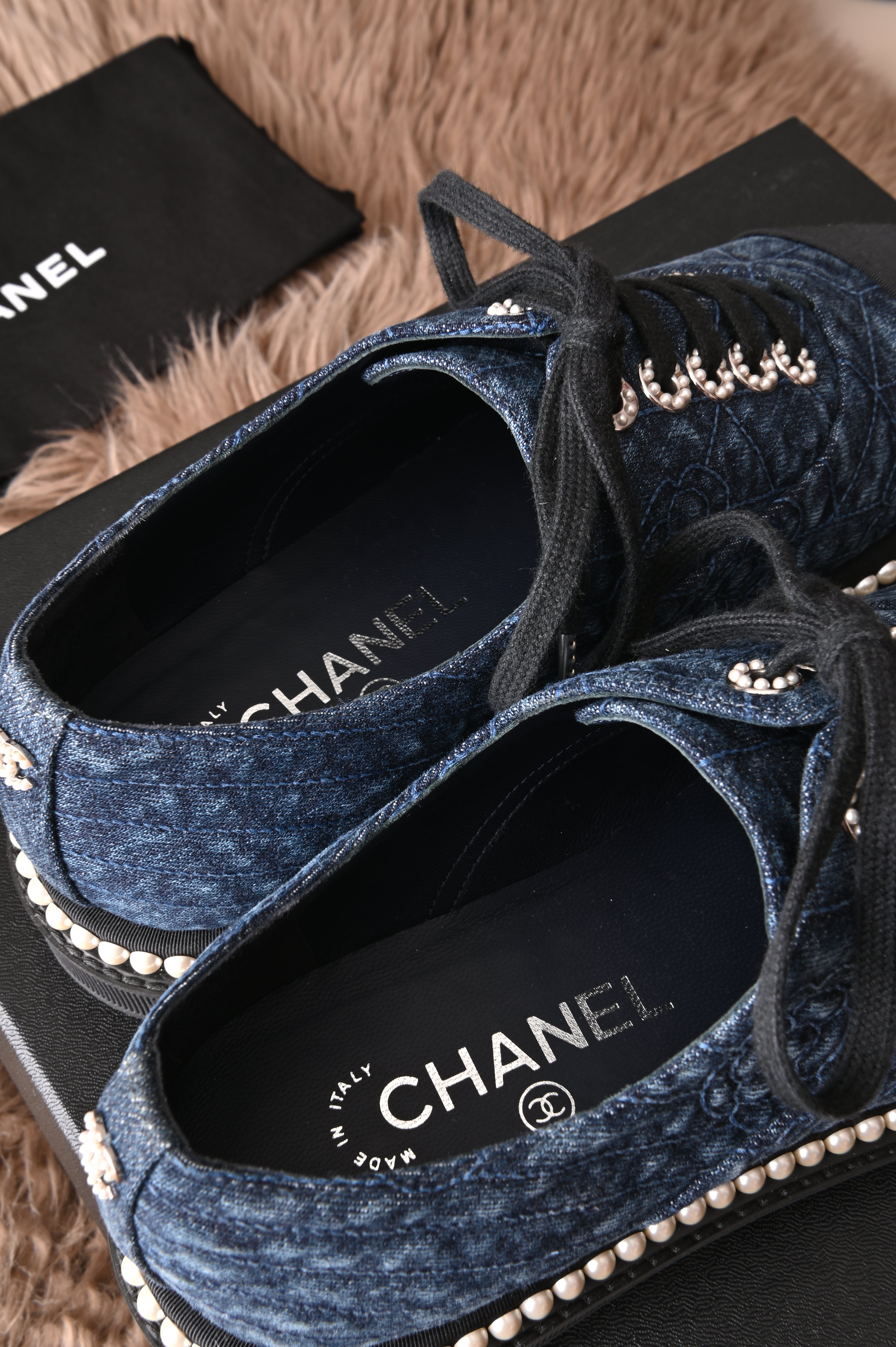 Chanel Denim Camellia sneakers in navy Blue with white Pearls