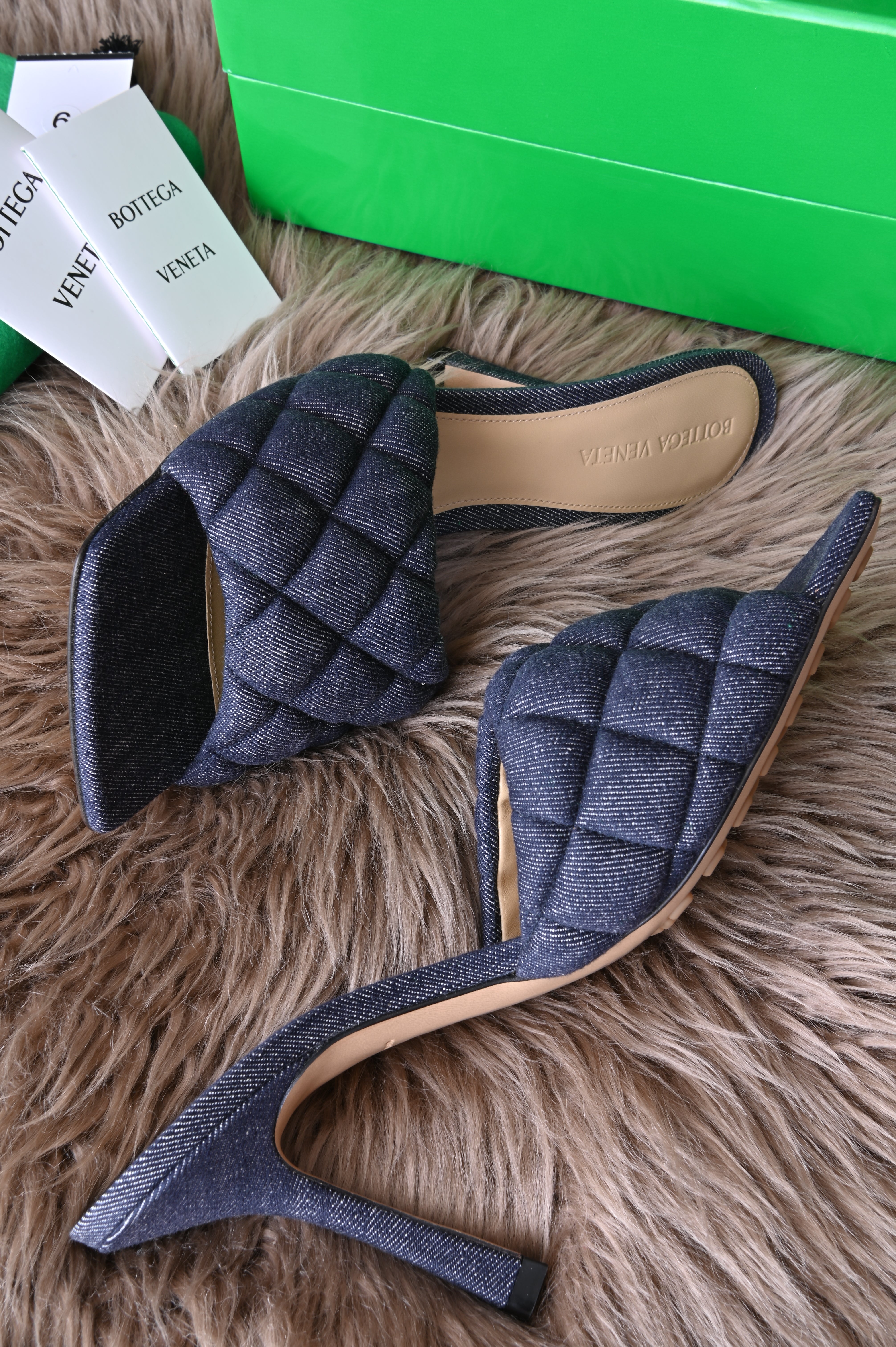 Bottega Veneta Padded Sandals in Denim Matelasse Indigo