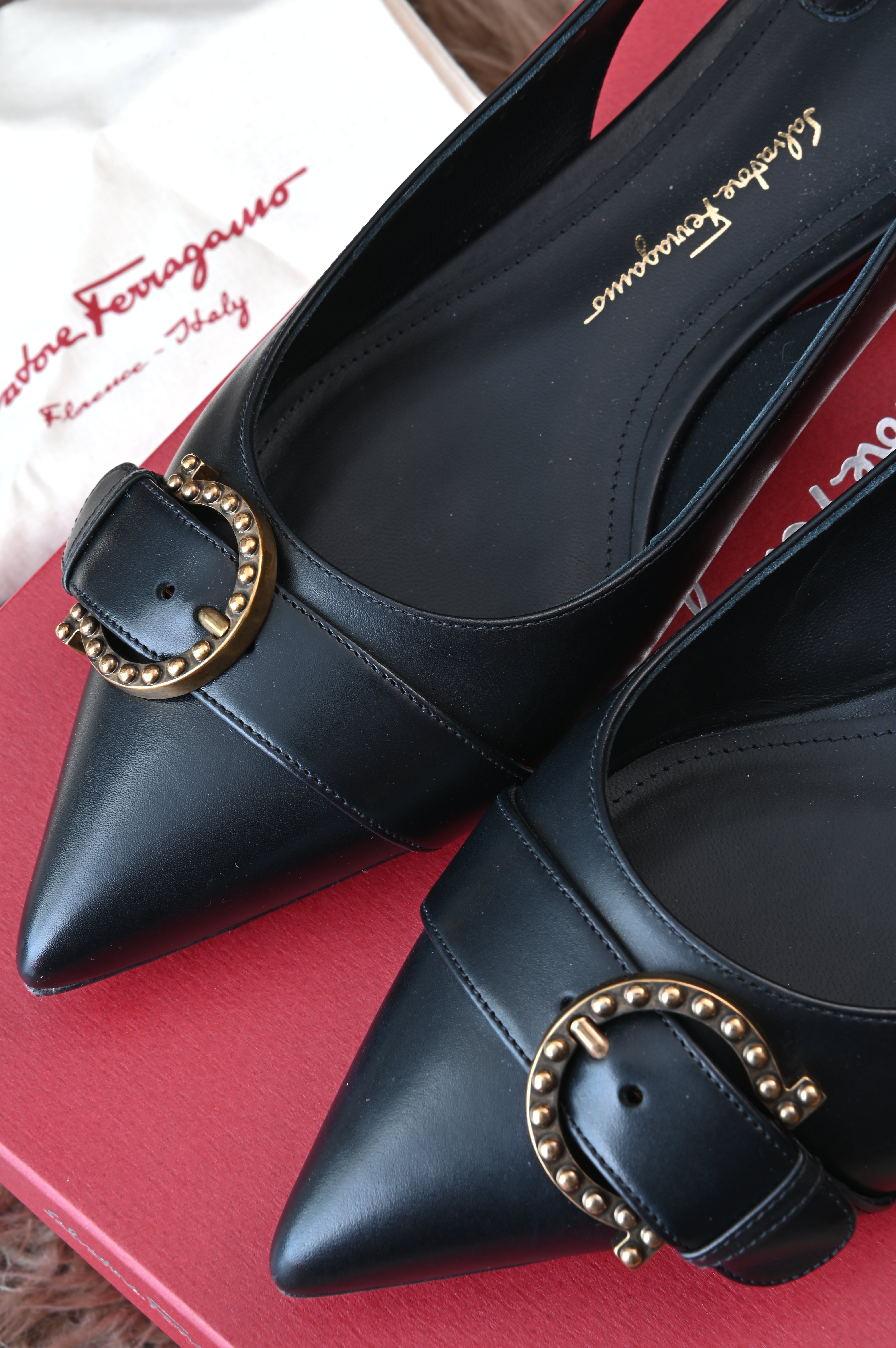 Salvatore Ferragamo Black Gold Heels