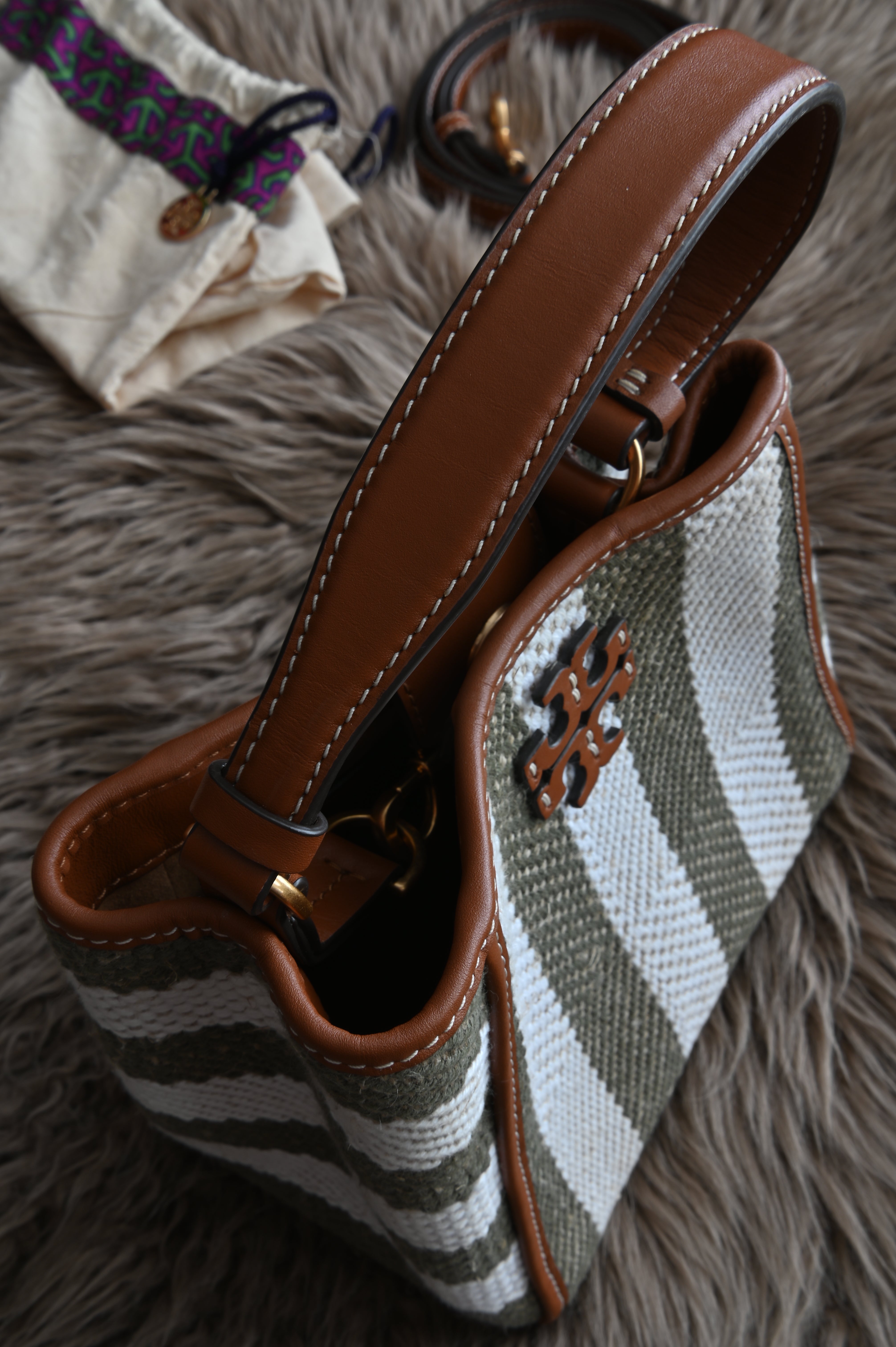 Tory Burch small bucket bag in canvas with olive green and white stripe
