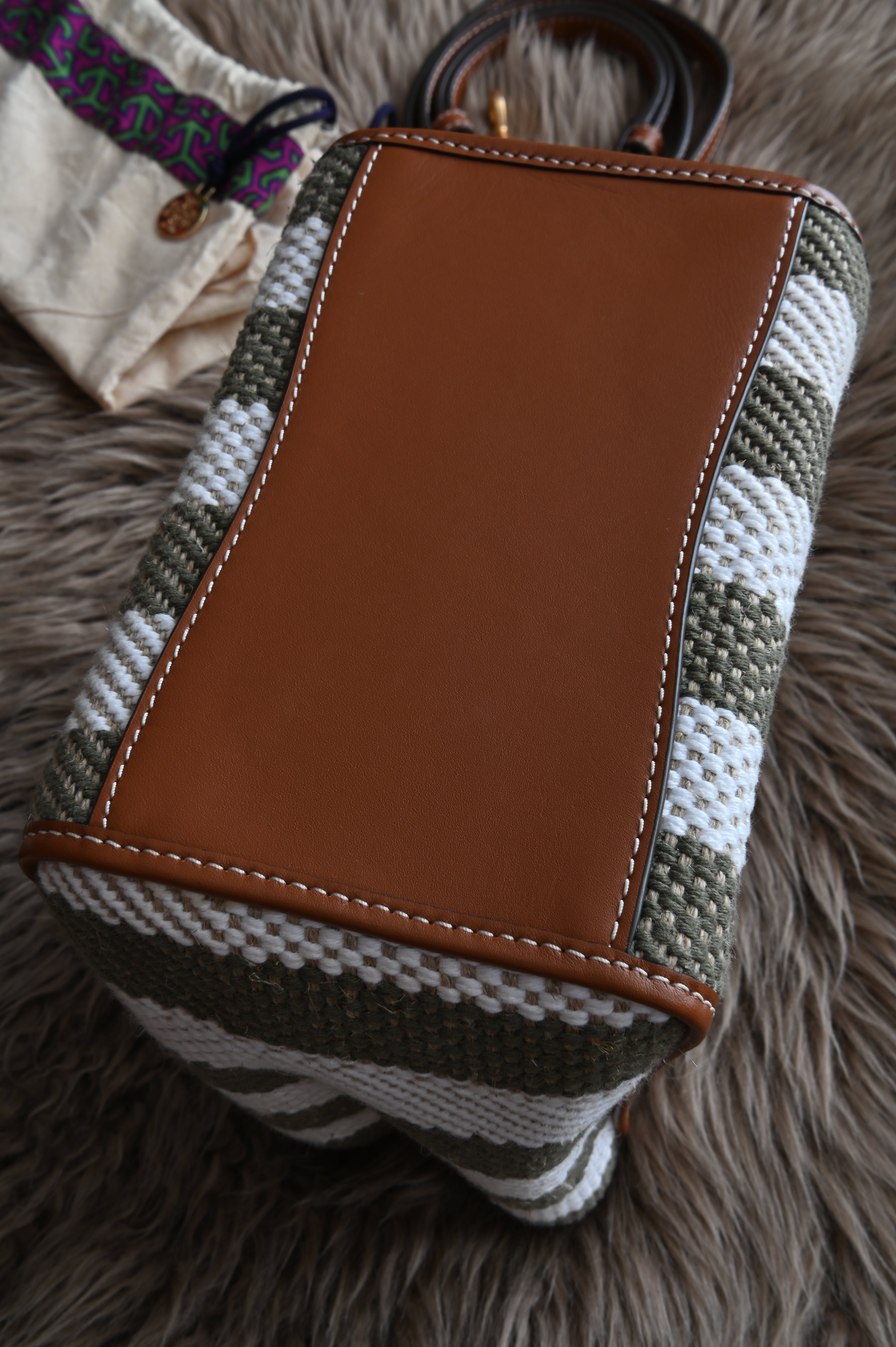 Tory Burch small bucket bag in canvas with olive green and white stripe