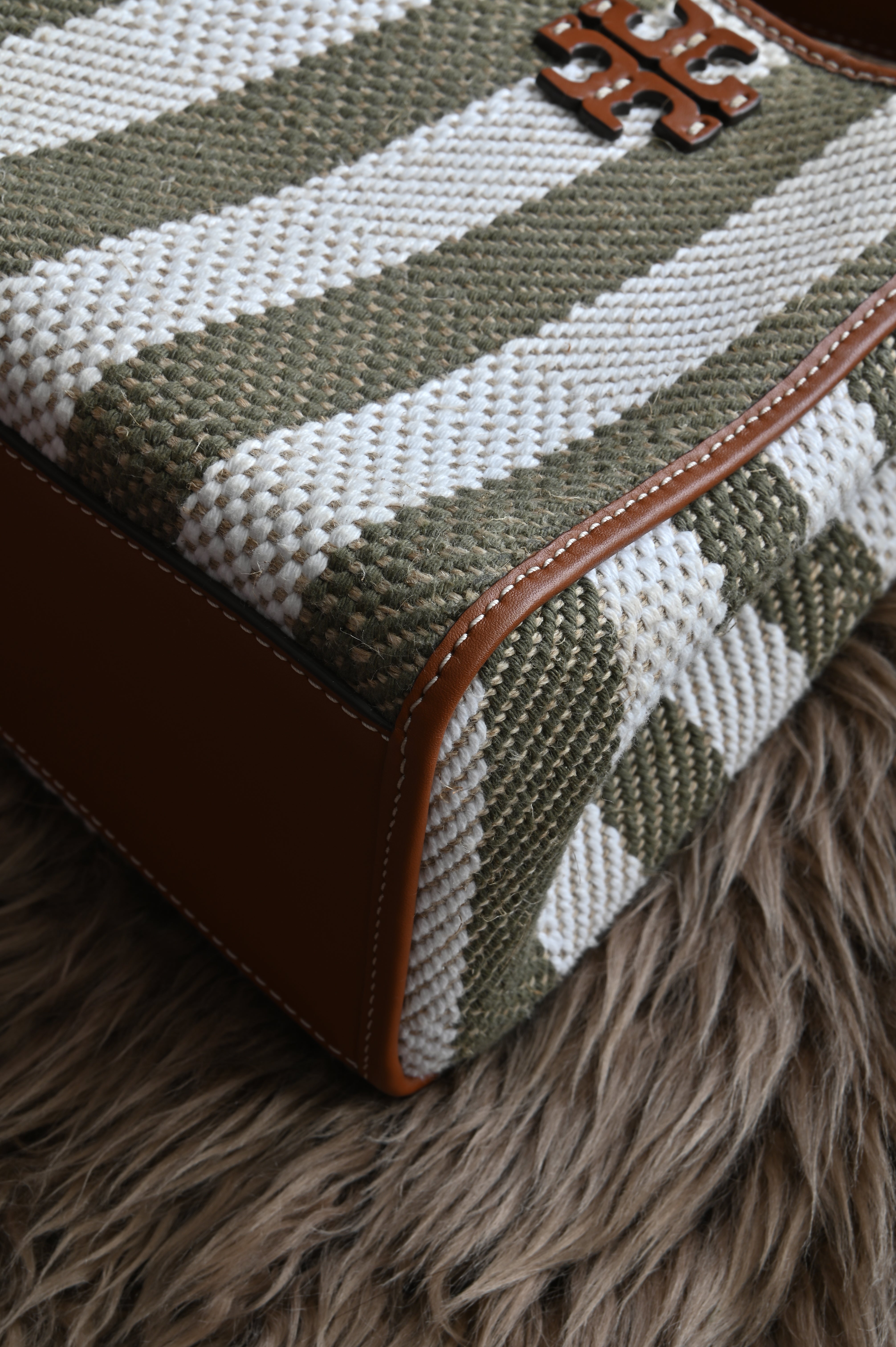 Tory Burch small bucket bag in canvas with olive green and white stripe