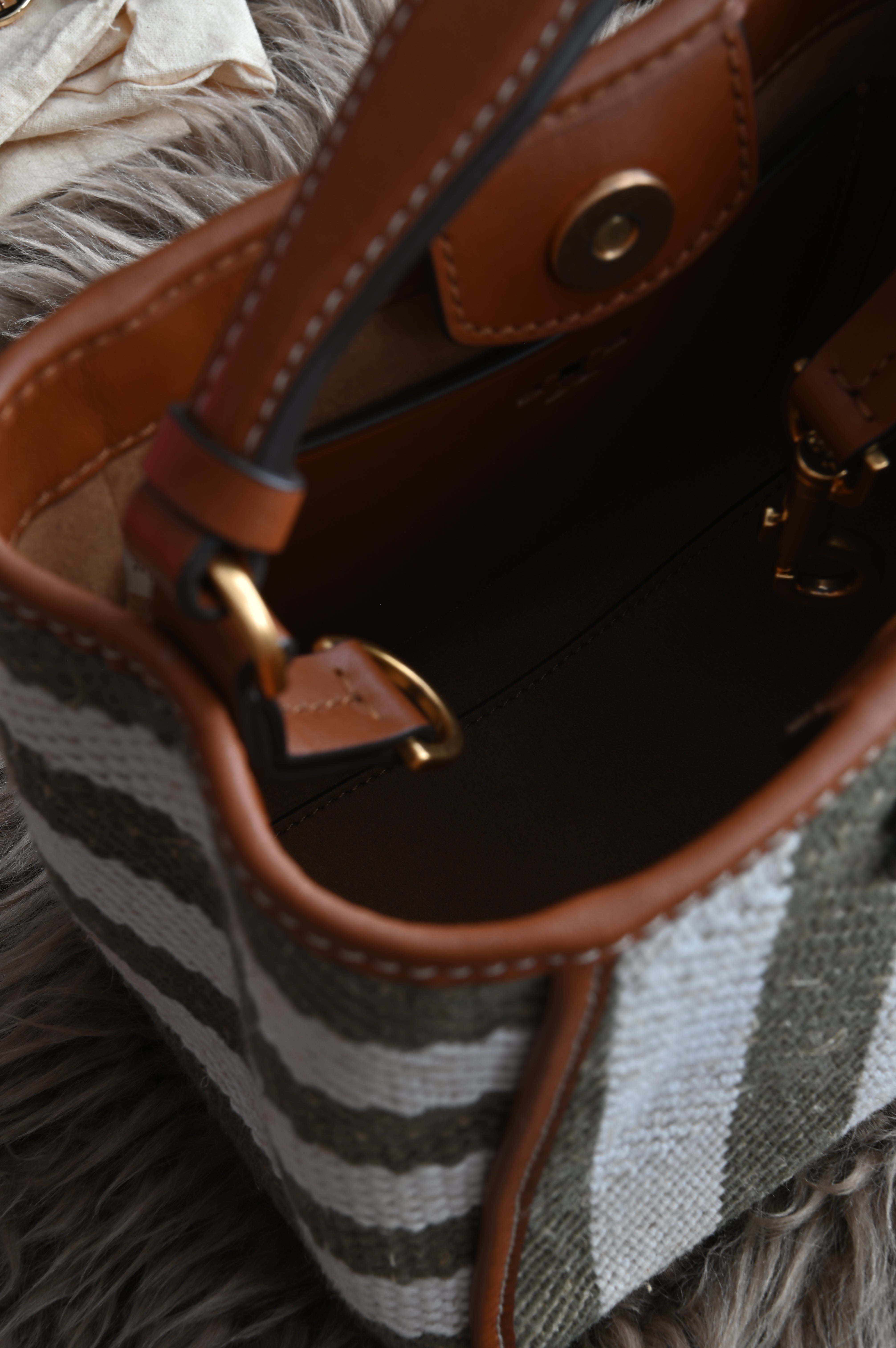 Tory Burch small bucket bag in canvas with olive green and white stripe