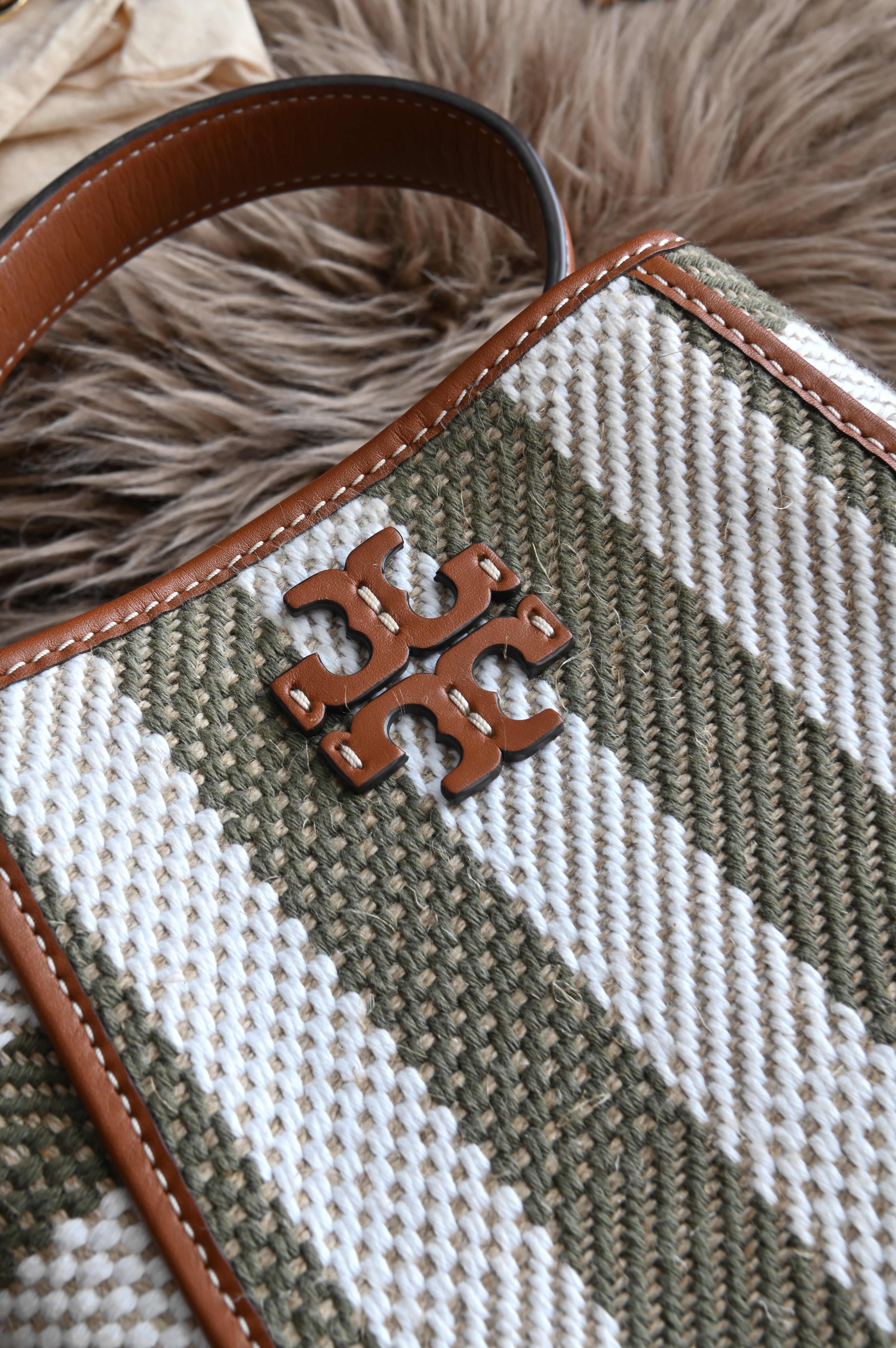 Tory Burch small bucket bag in canvas with olive green and white stripe