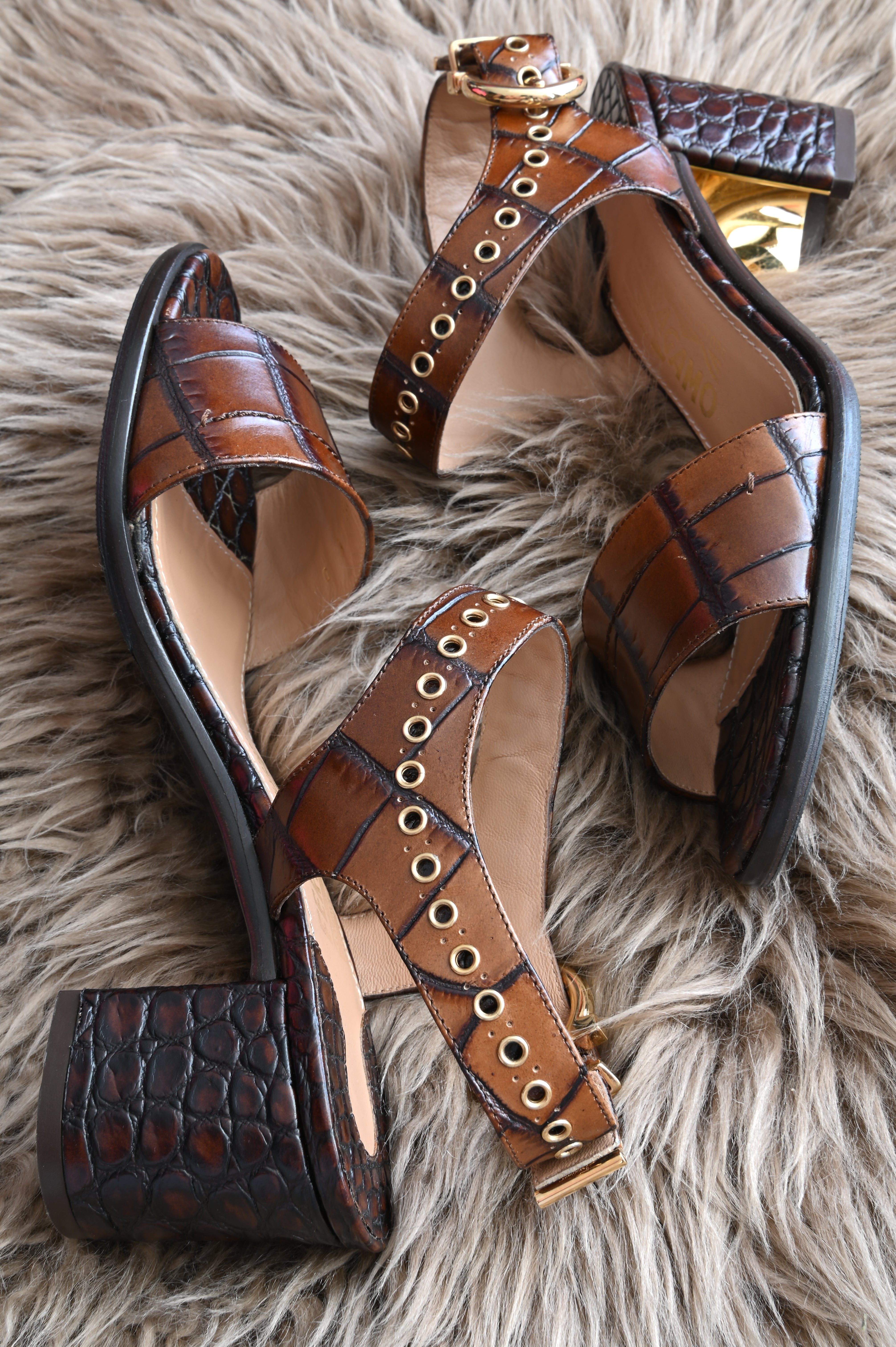 Salvatore Ferragamo Tan croc embossed slingback in gold hardware