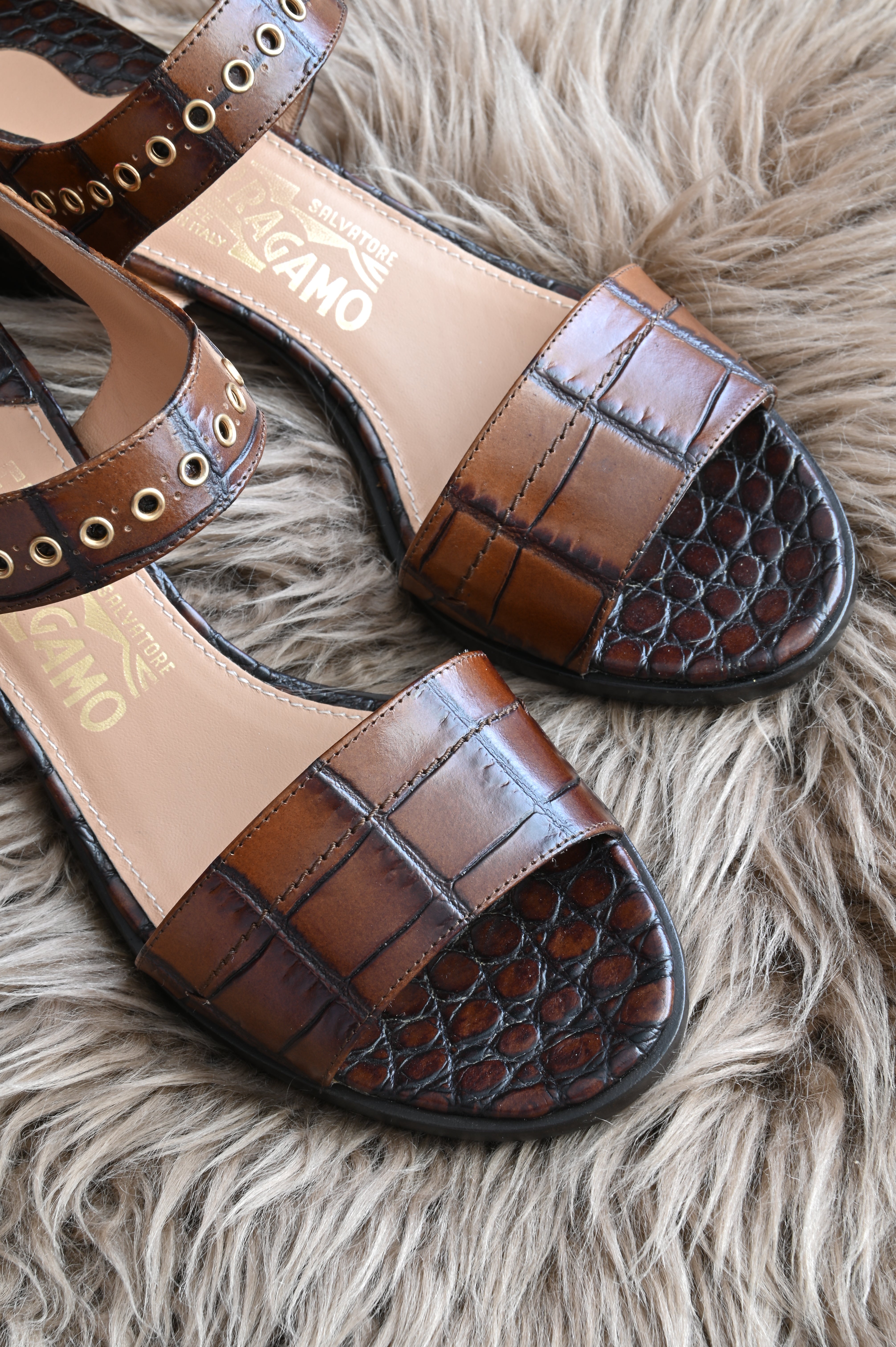 Salvatore Ferragamo Tan croc embossed slingback in gold hardware