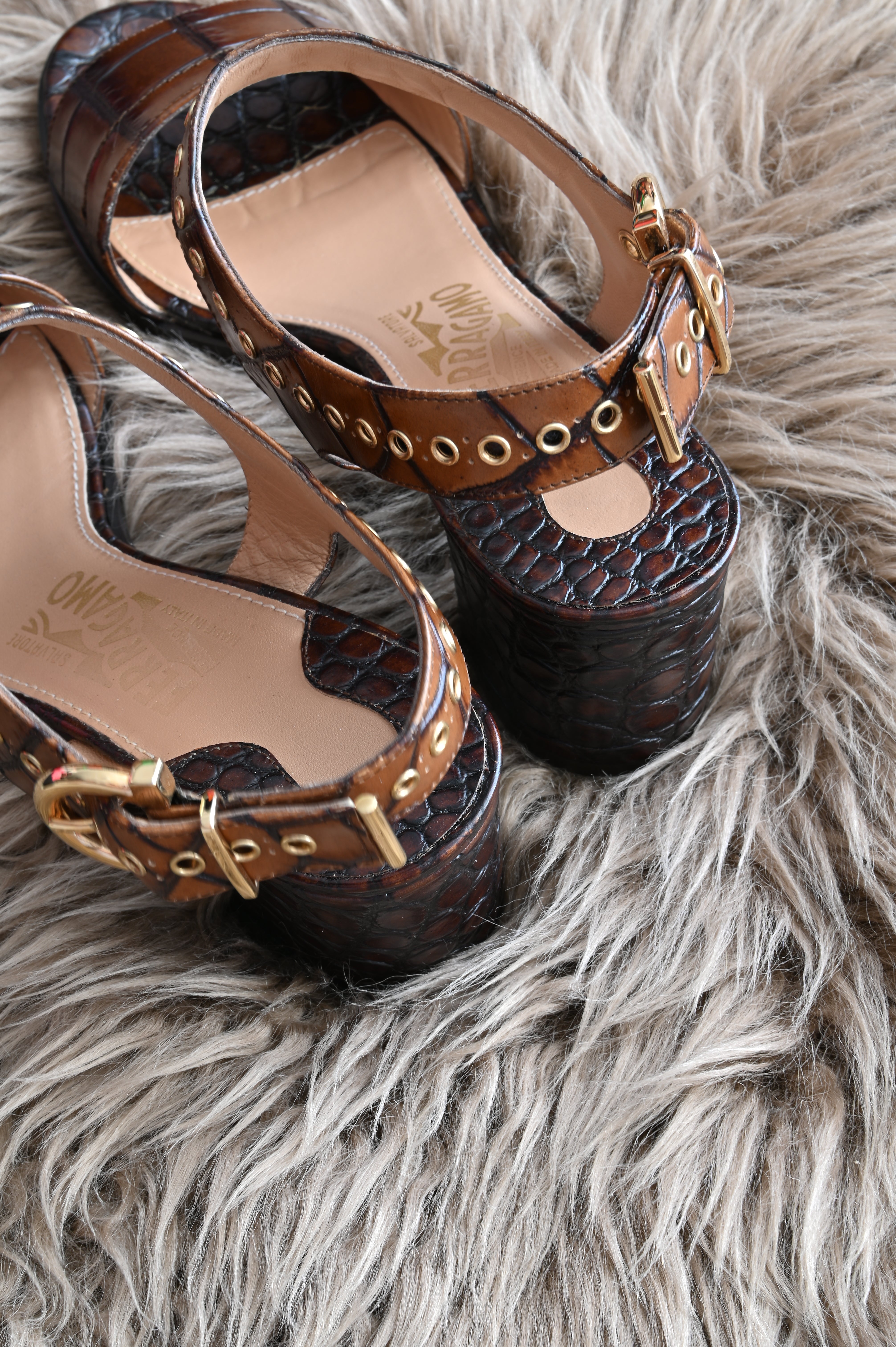 Salvatore Ferragamo Tan croc embossed slingback in gold hardware