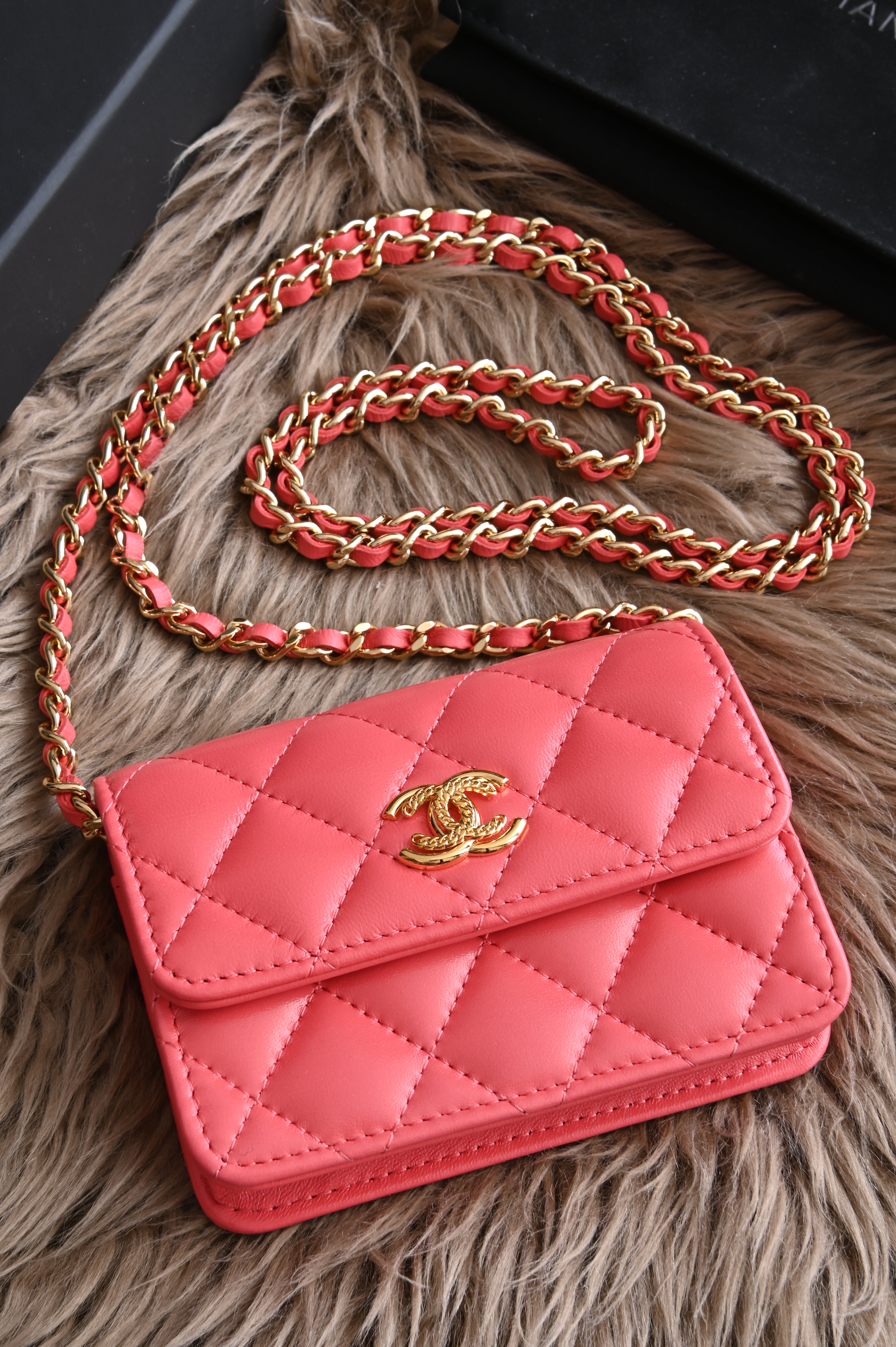 Chanel CC Quilted Lambskin Cardholder on Chain in Salmon pink