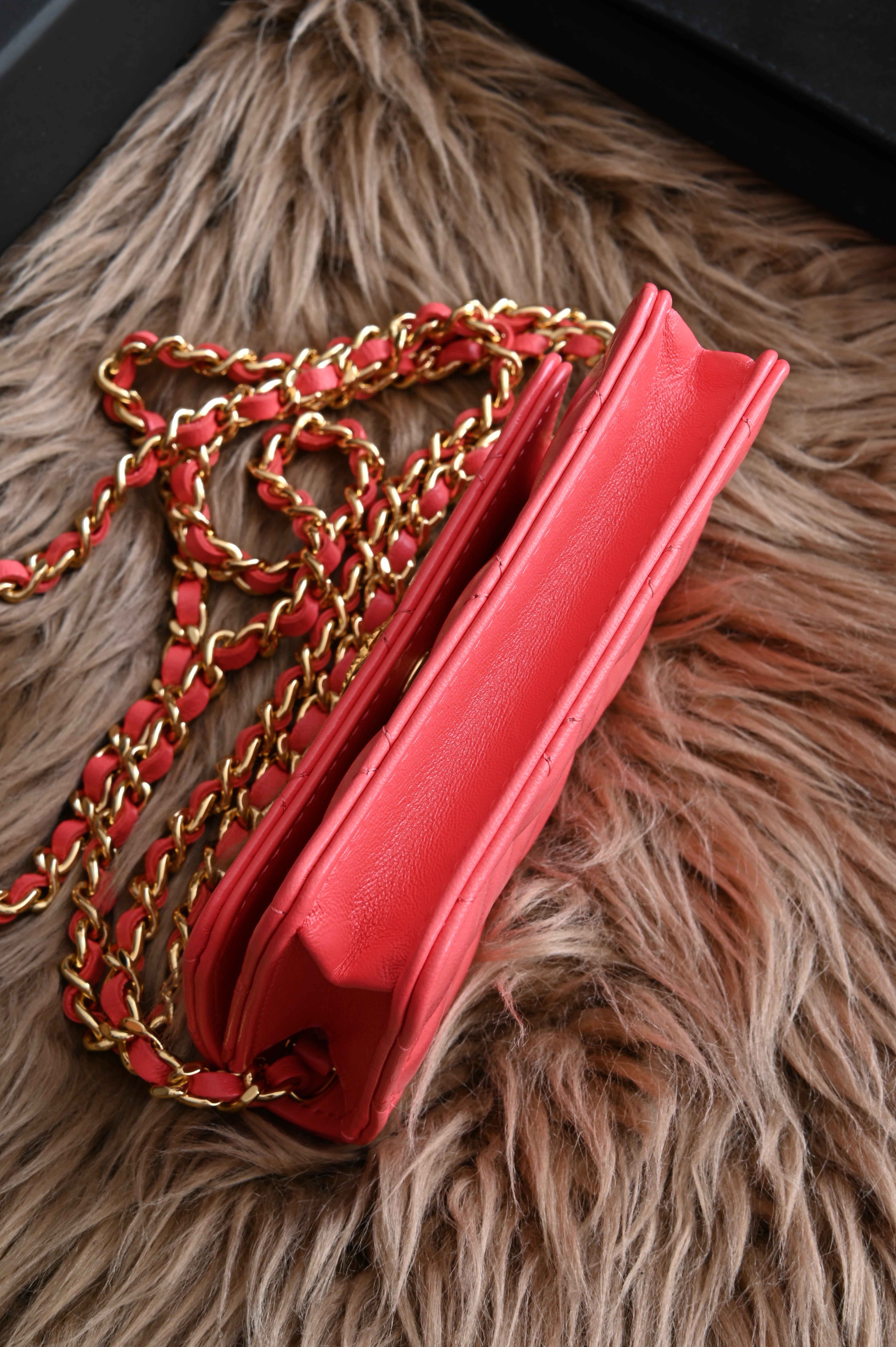 Chanel CC Quilted Lambskin Cardholder on Chain in Salmon pink