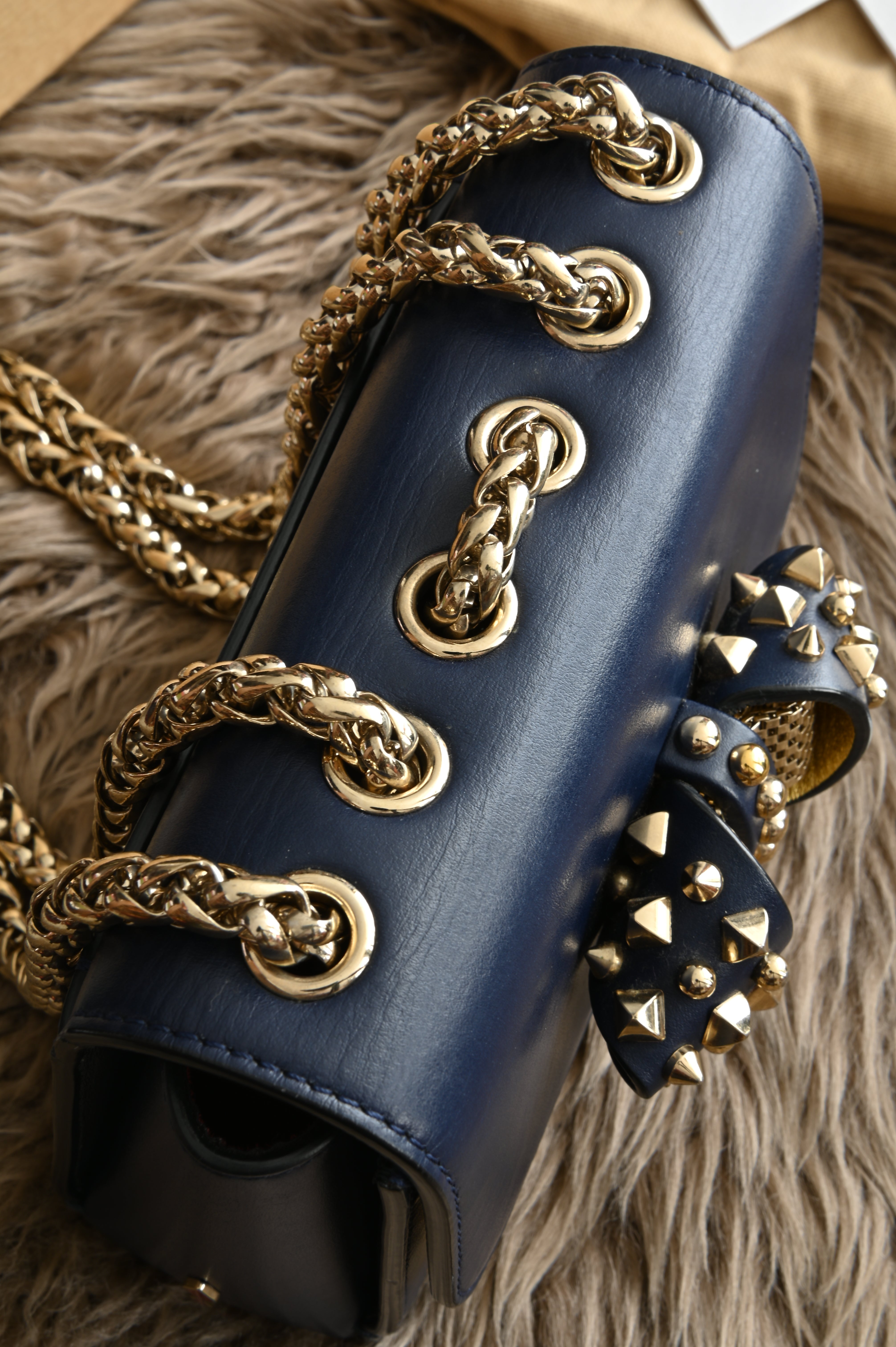 Christian Louboutin Night/Gold Tudor Calf Spikes Small Sweet Charity Bag