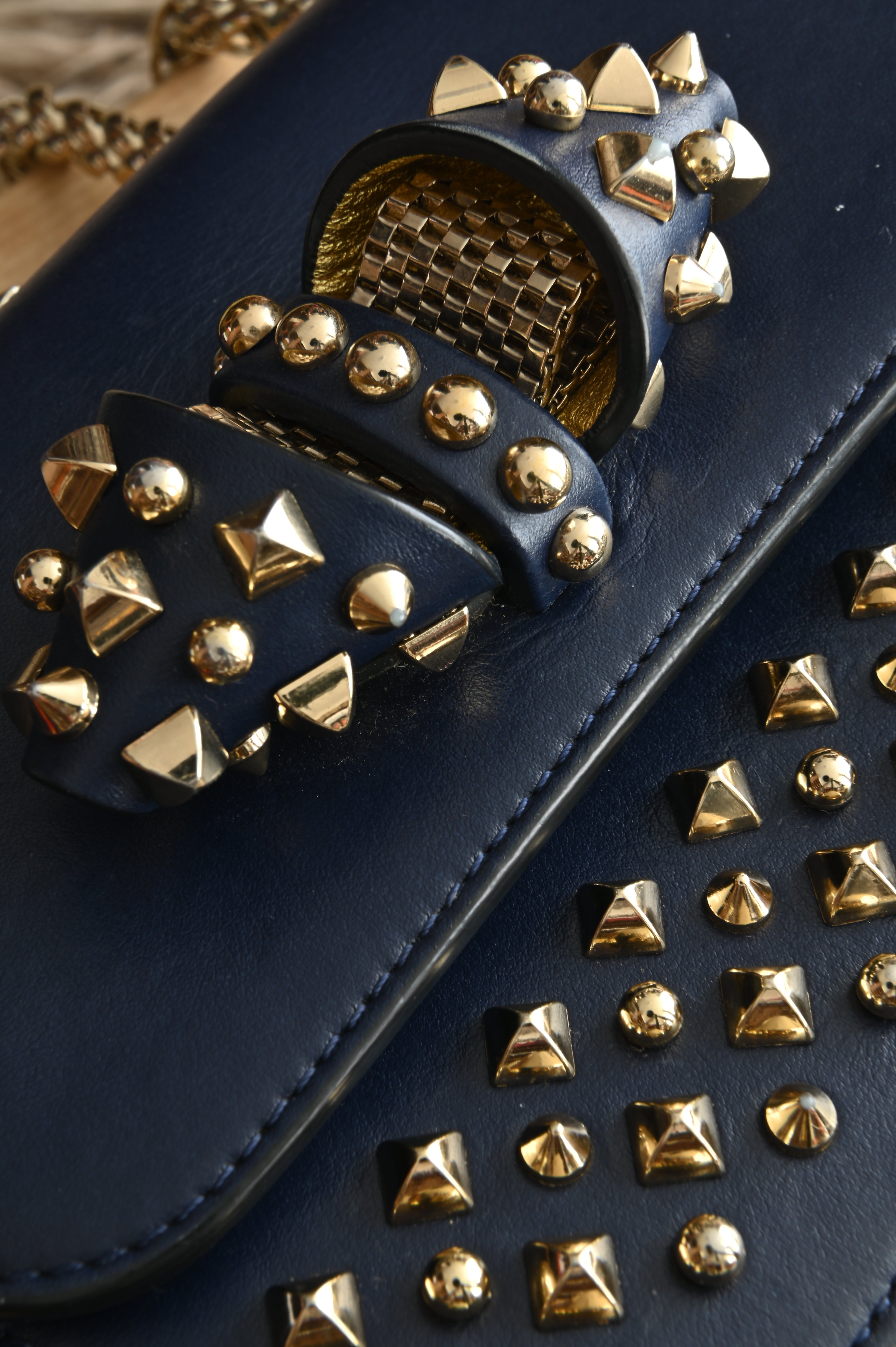 Christian Louboutin Night/Gold Tudor Calf Spikes Small Sweet Charity Bag