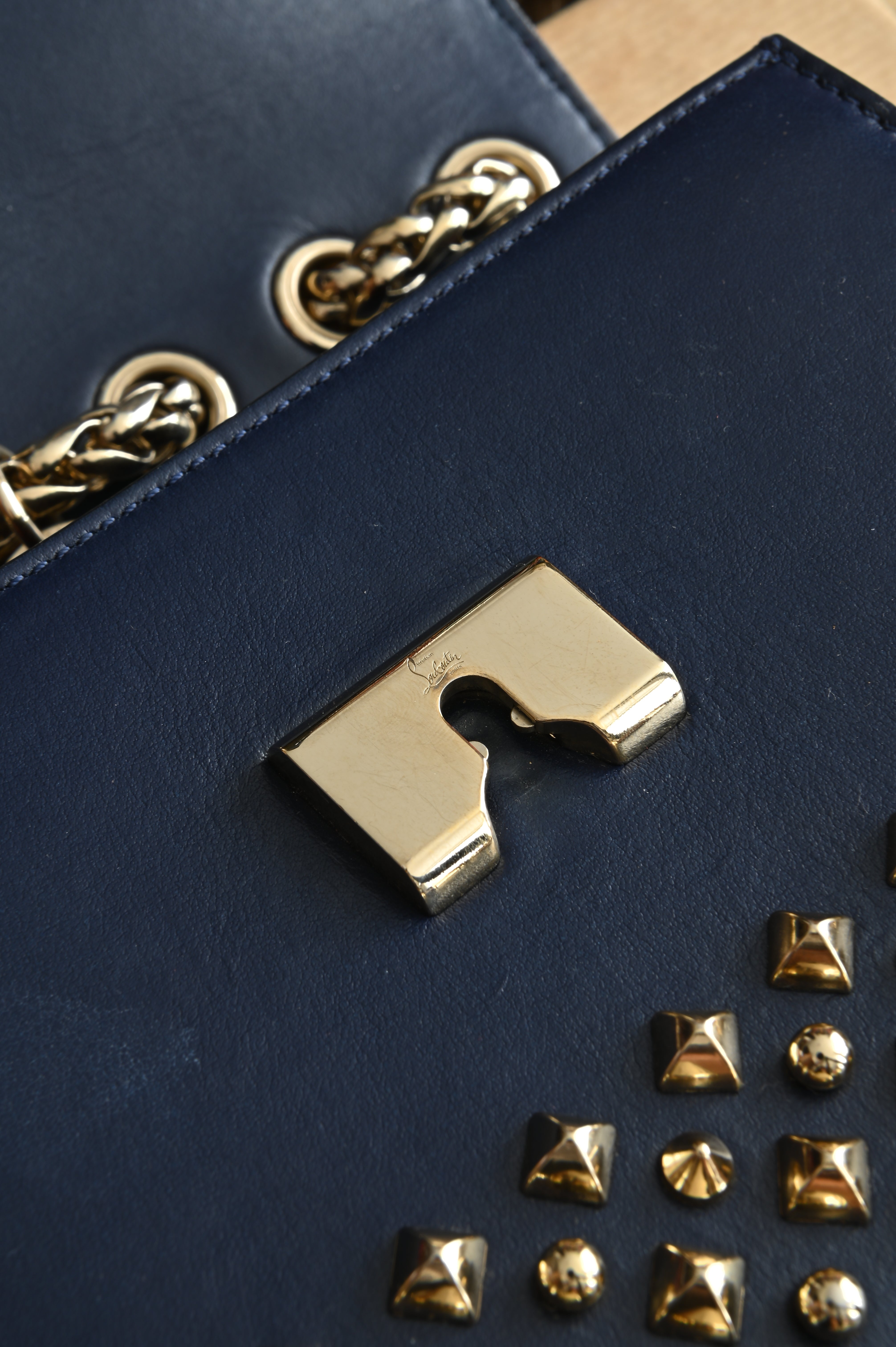 Christian Louboutin Night/Gold Tudor Calf Spikes Small Sweet Charity Bag