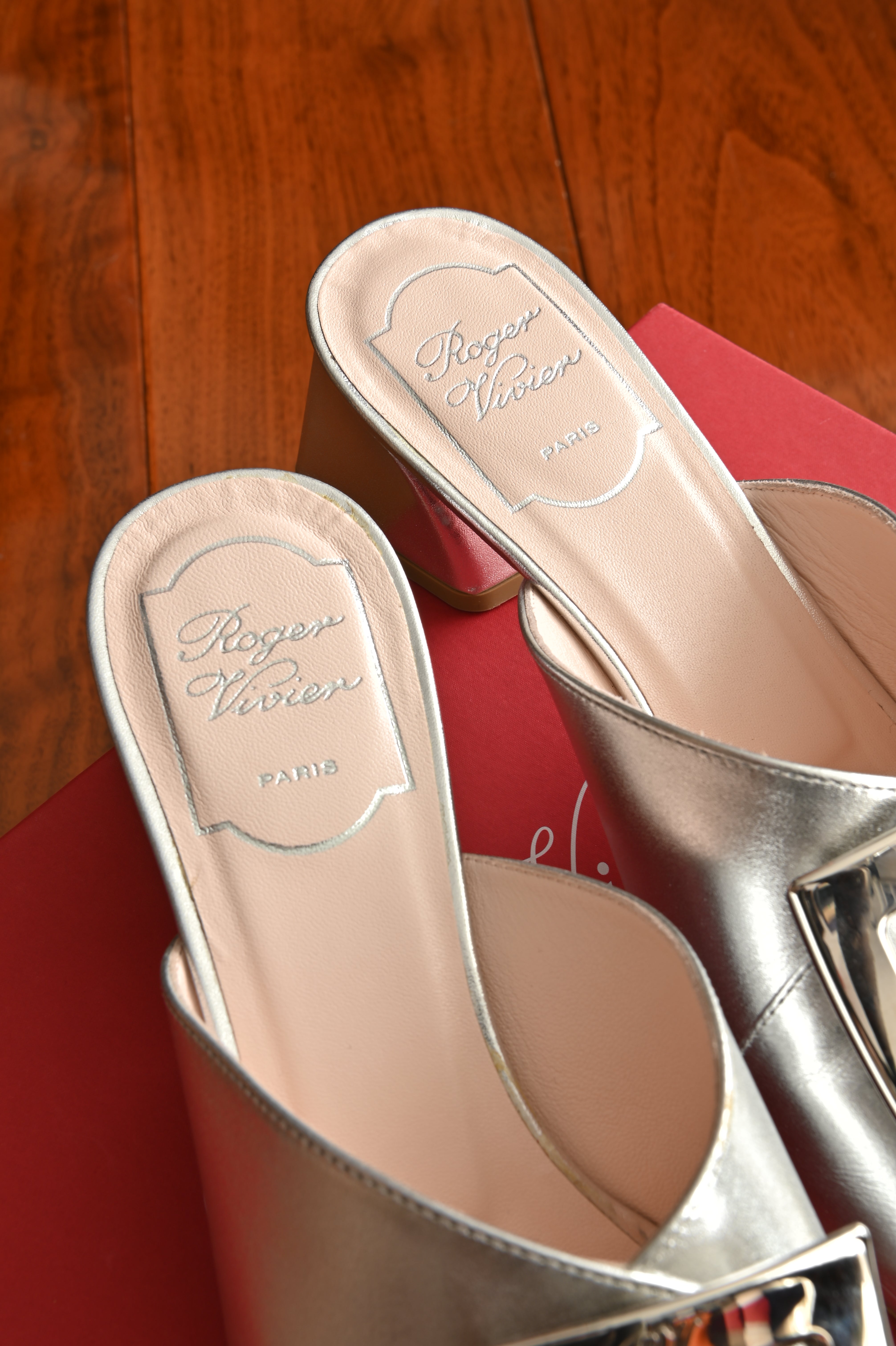 Roger Vivier Cube Strass Heel Mules in silver Nappa Leather