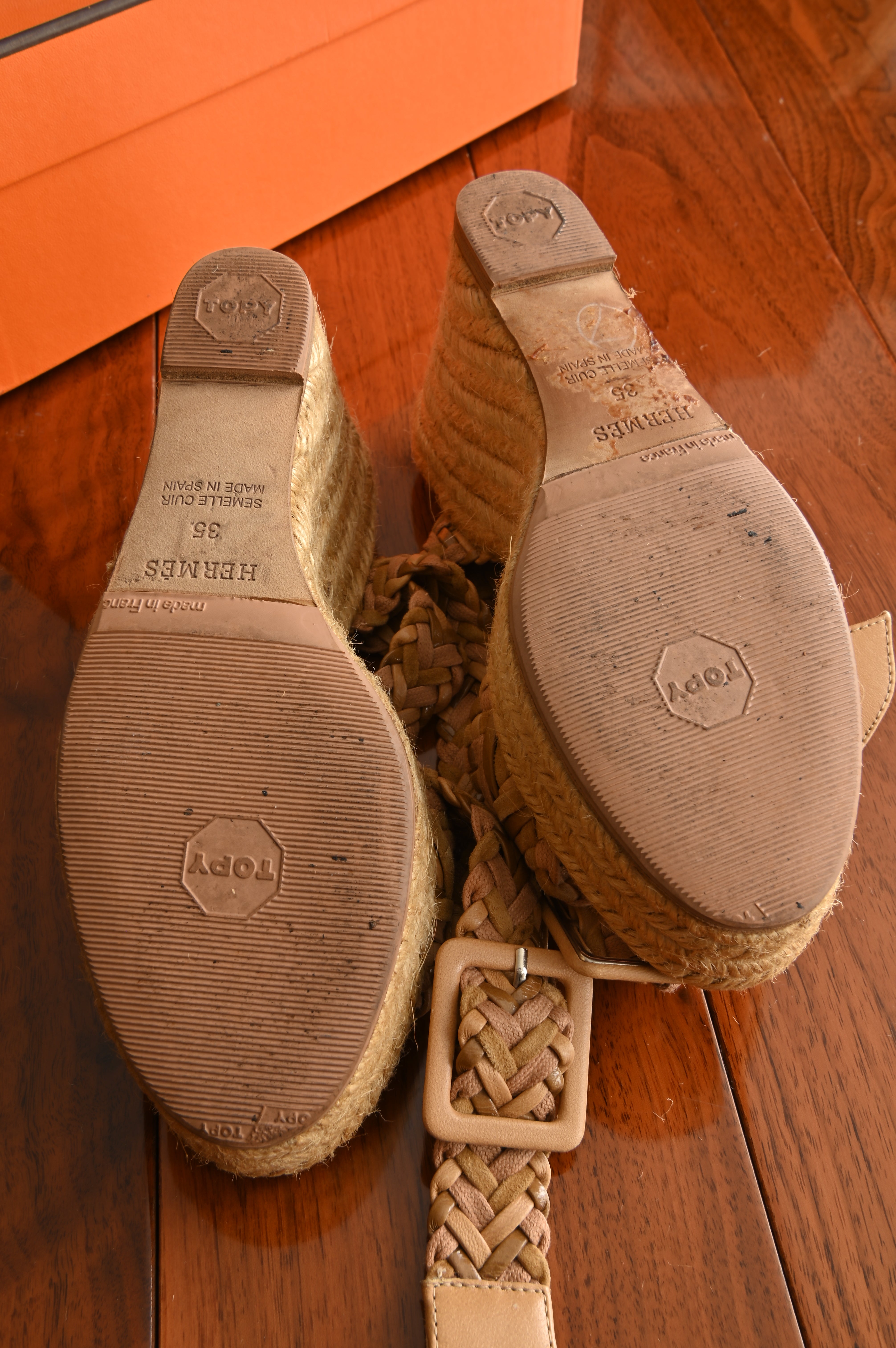 Hermès Beige Leather Espadrille Wedge Sandals