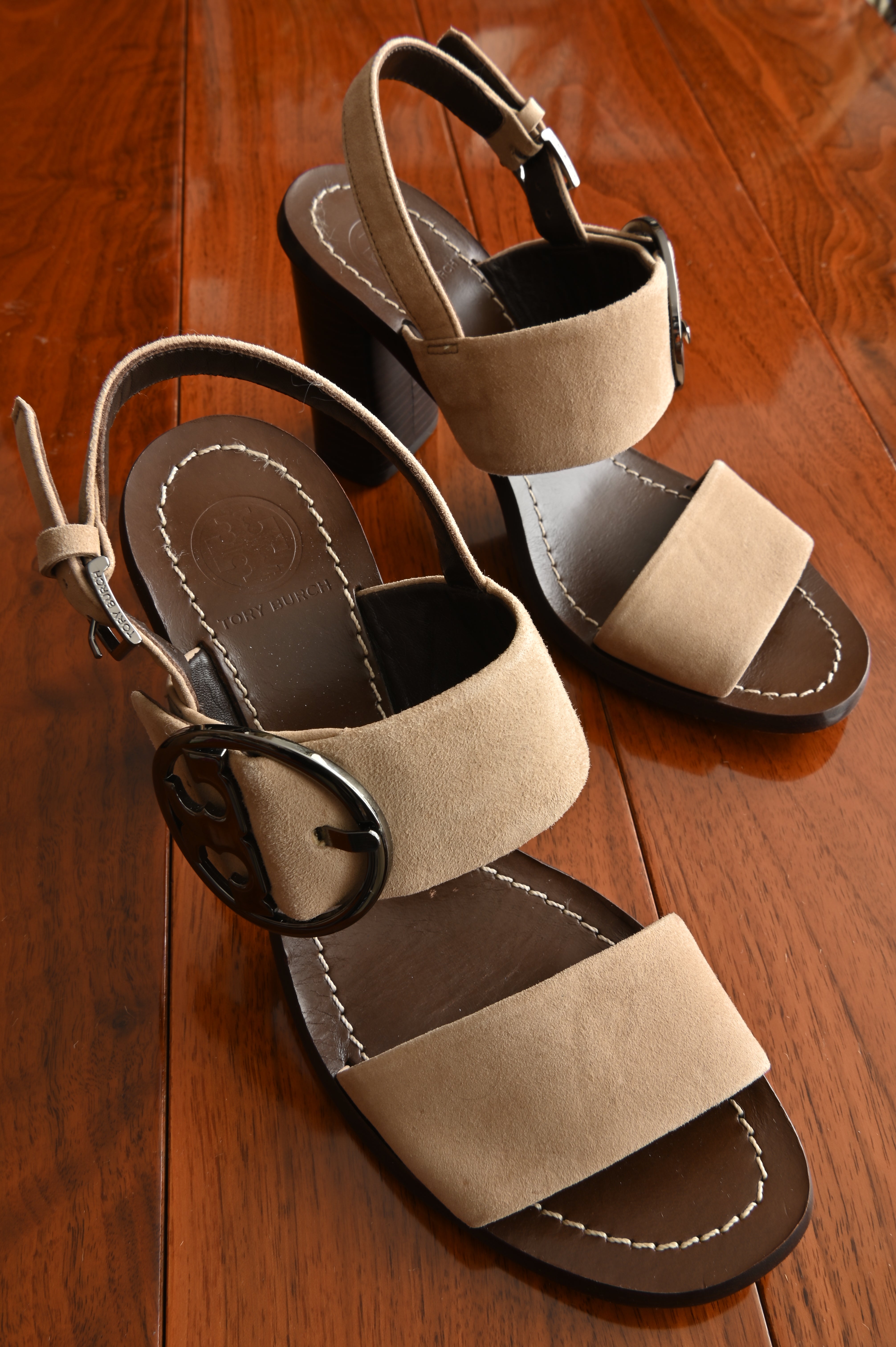 Tory Burch Tan Brown Suede Turnlock Heeled Sandals