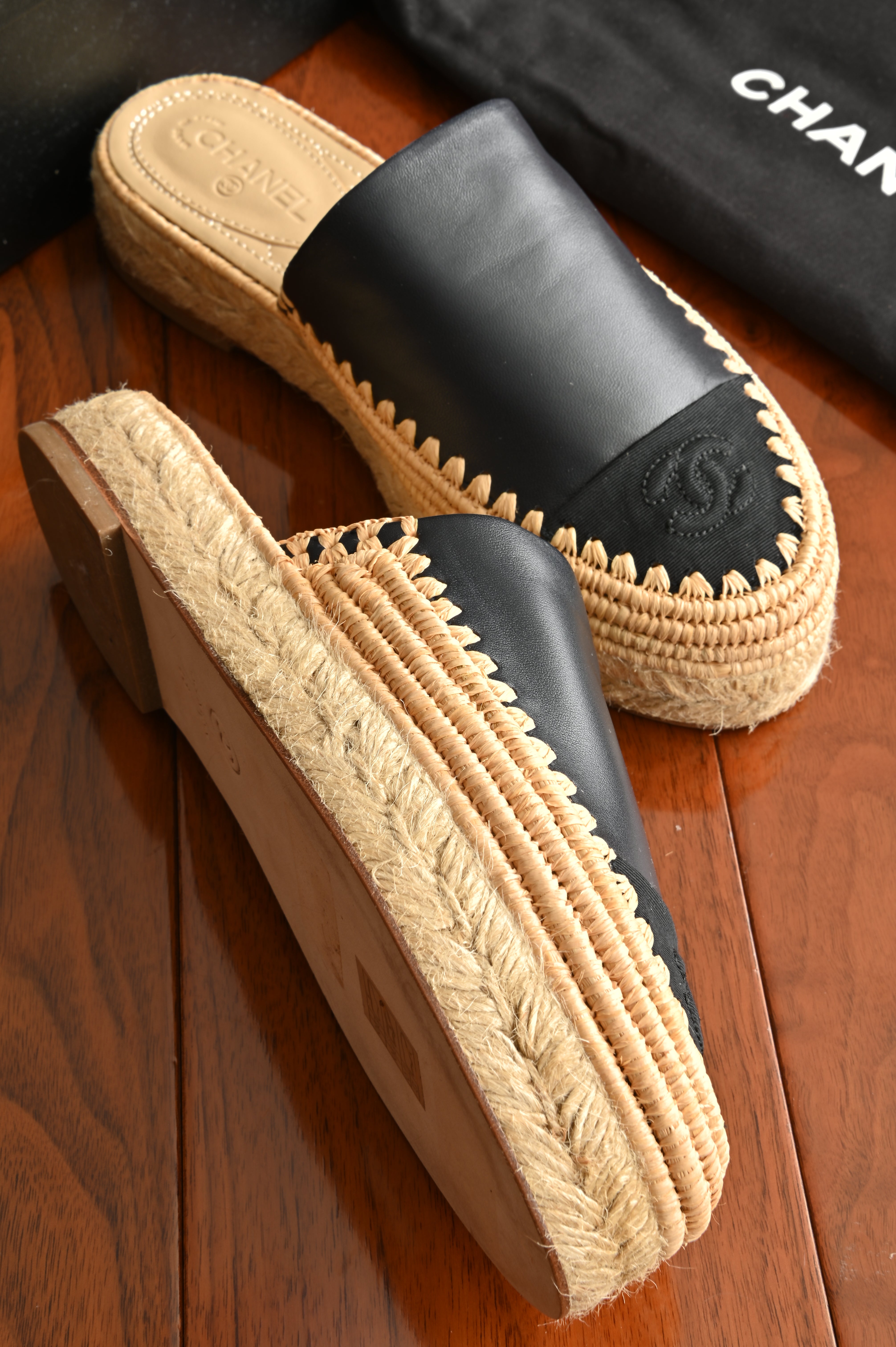 Chanel Black CC Espadrille Mules