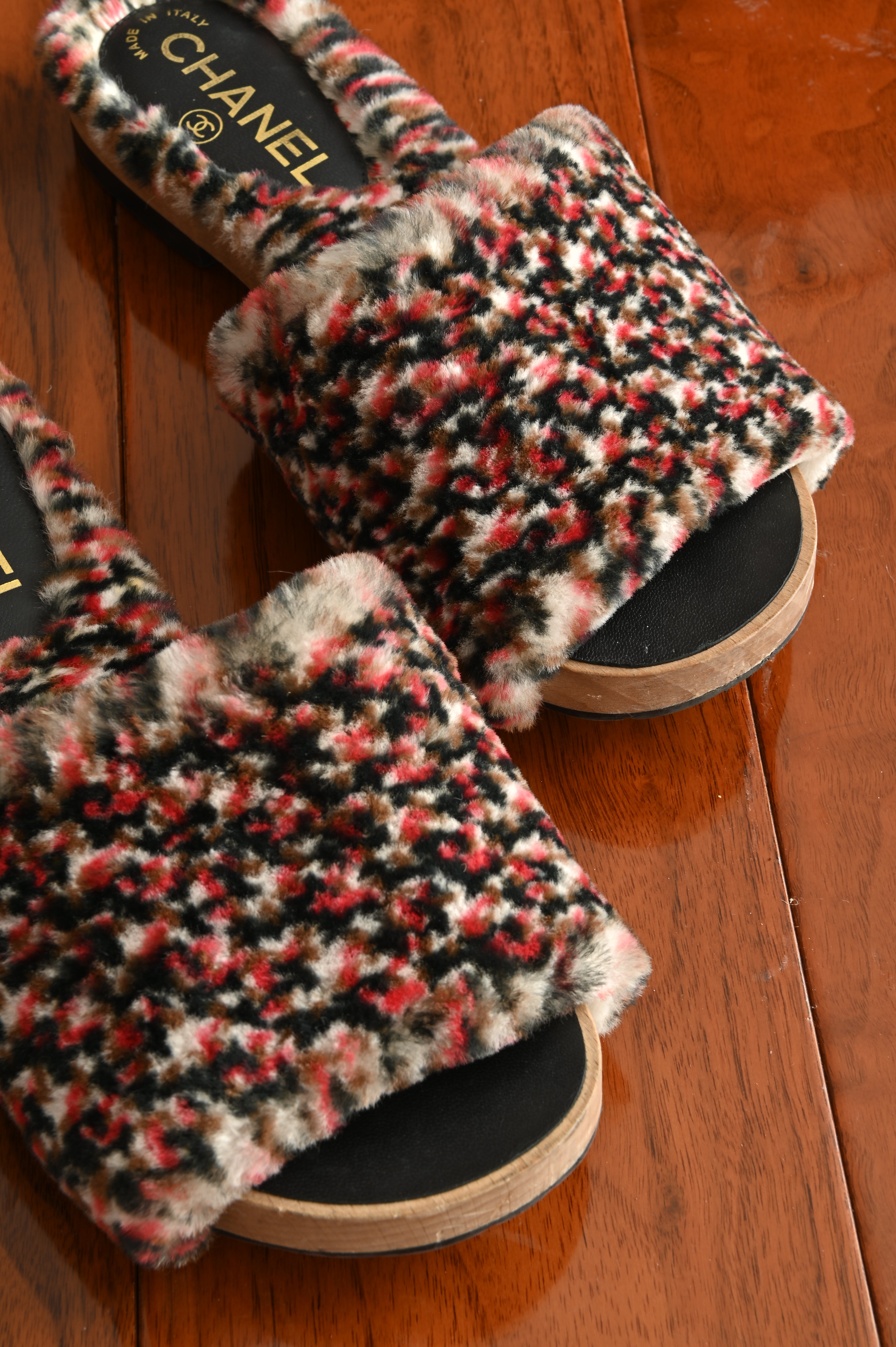 Chanel Orylag Fur and Lambskin Tweed print Mules