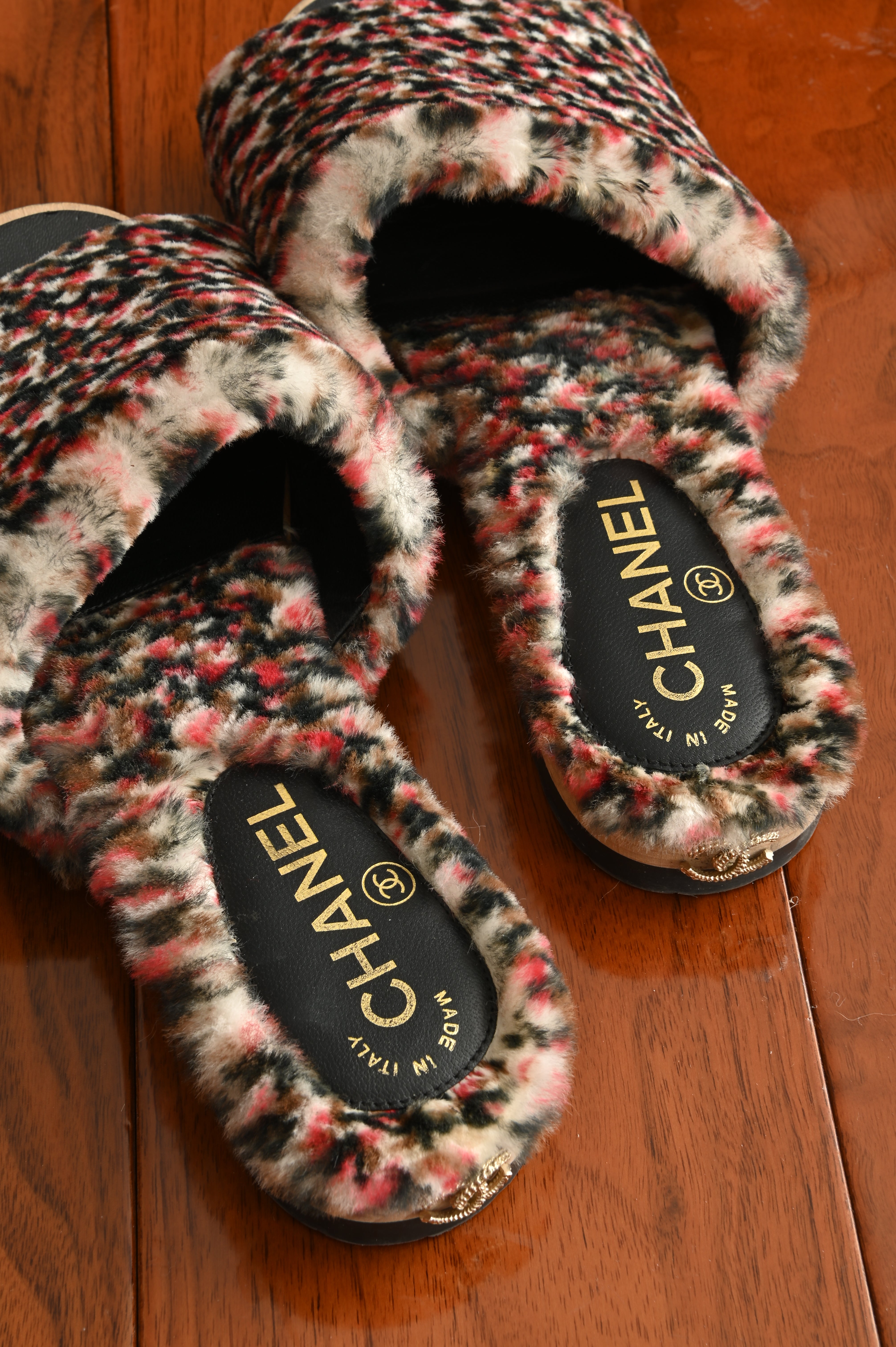 Chanel Orylag Fur and Lambskin Tweed print Mules