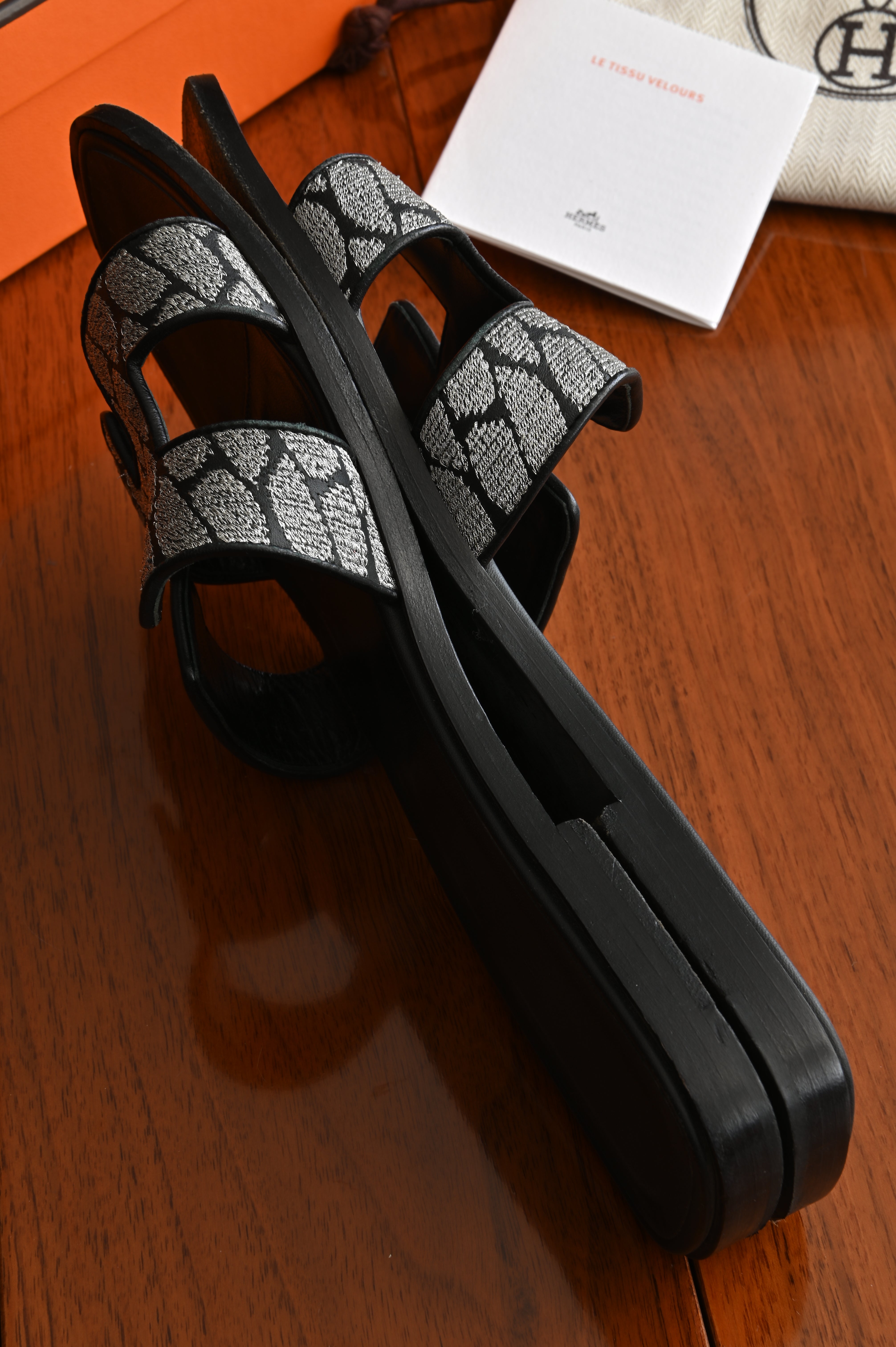Hermès Oran in Black and Silver Embroidered Calf Sandals