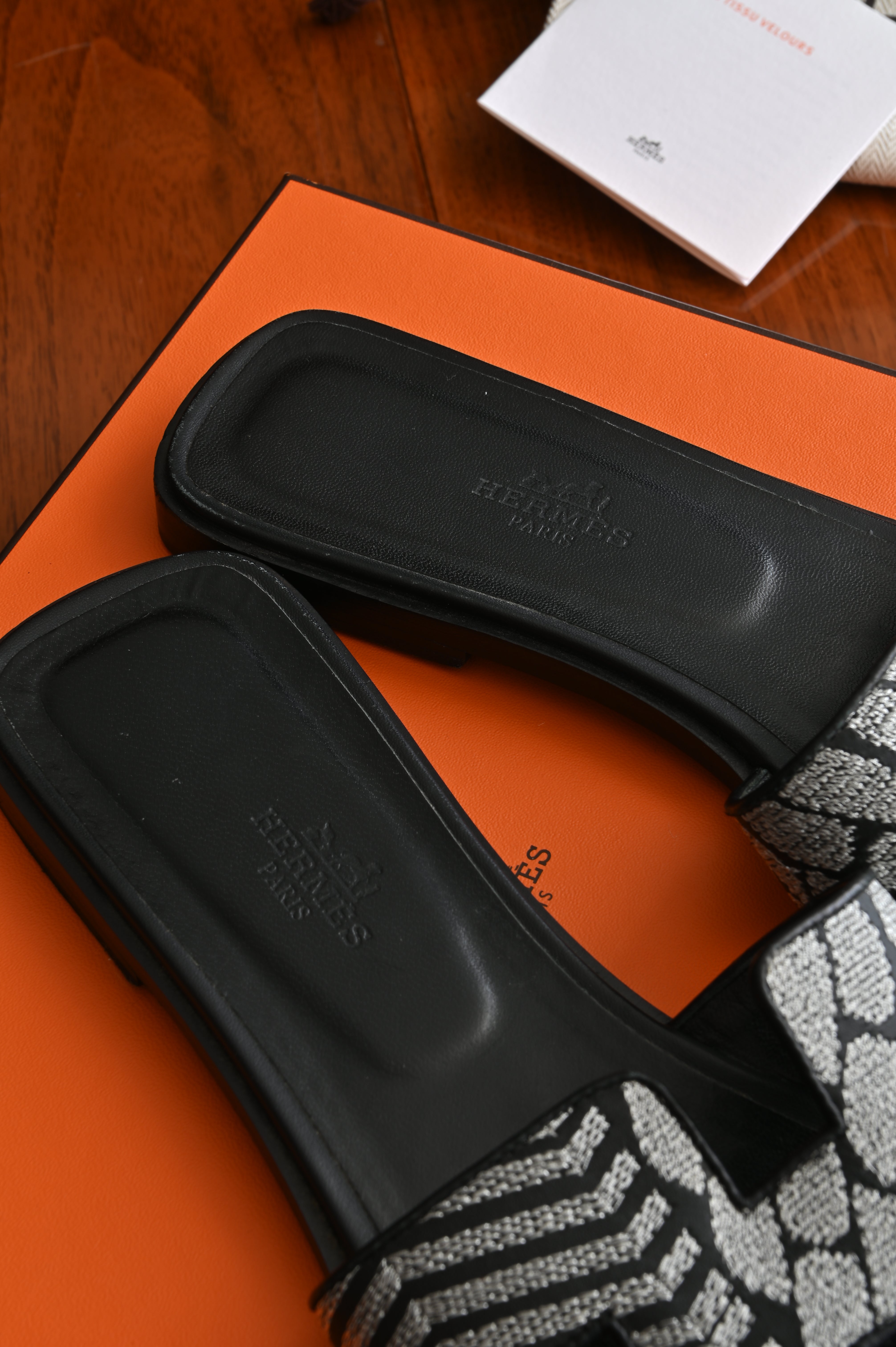 Hermès Oran in Black and Silver Embroidered Calf Sandals