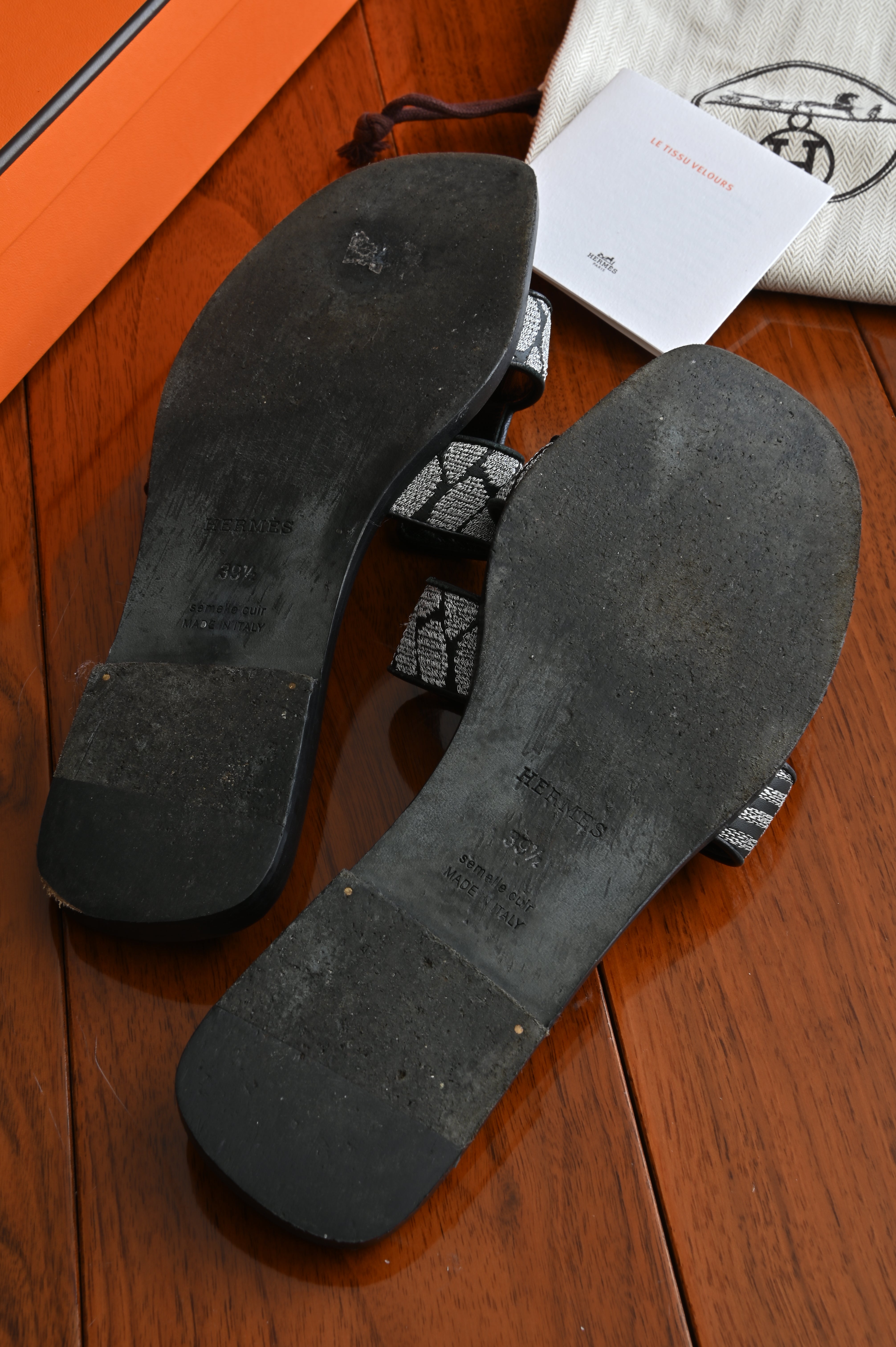 Hermès Oran in Black and Silver Embroidered Calf Sandals