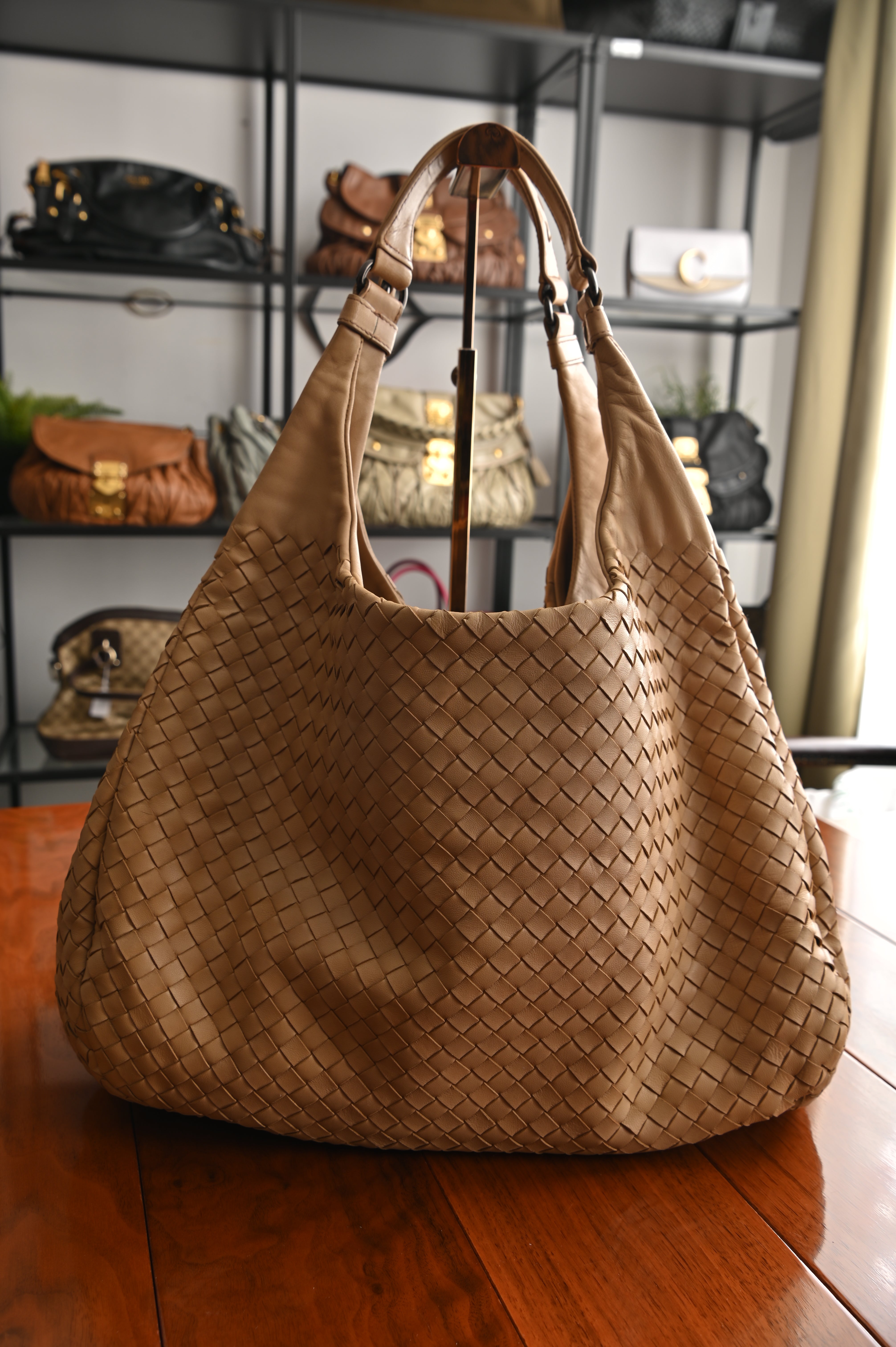 Bottega Veneta Sand Intrecciato Woven Nappa Leather Large Campana Bag