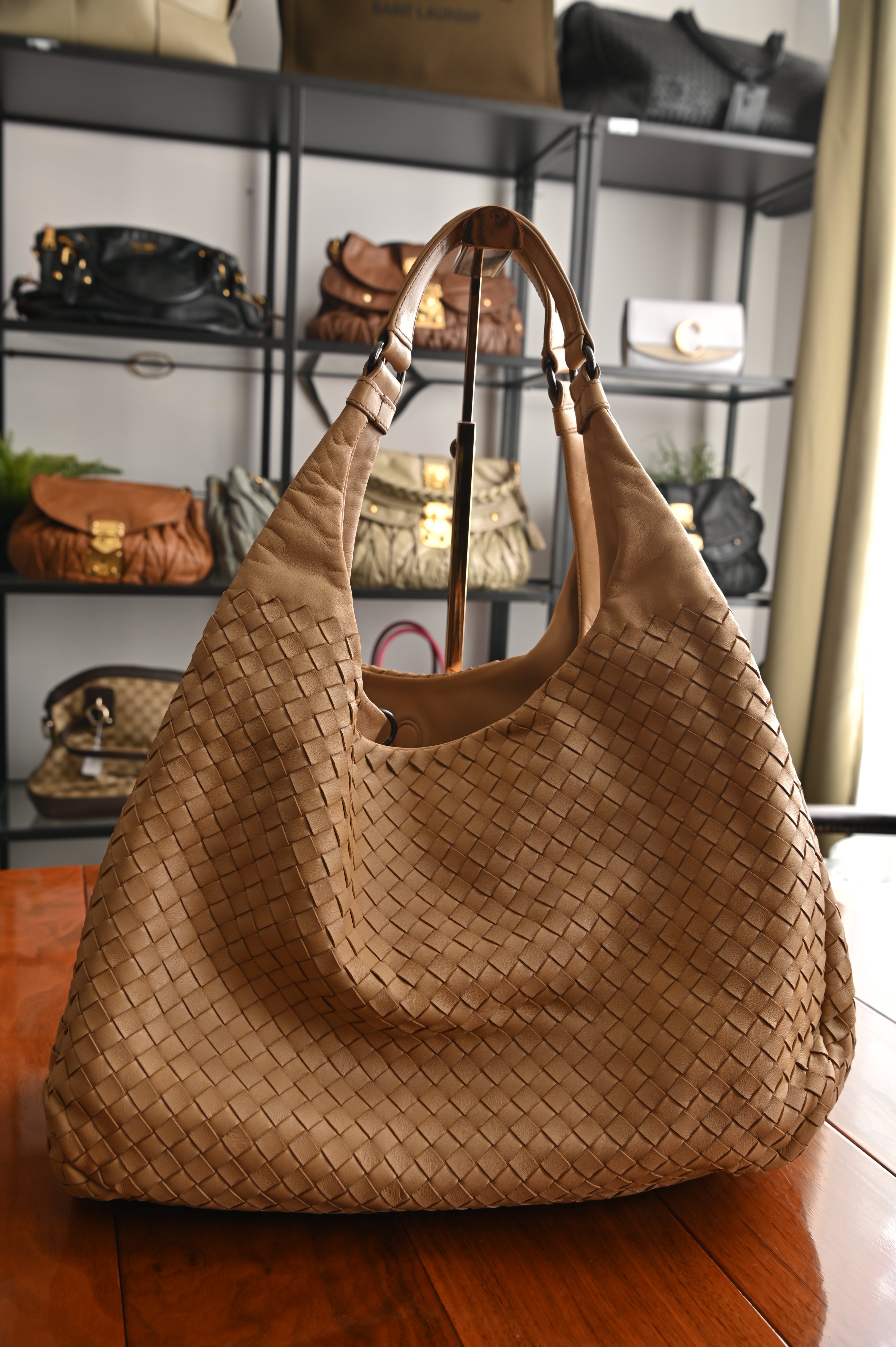 Bottega Veneta Sand Intrecciato Woven Nappa Leather Large Campana Bag