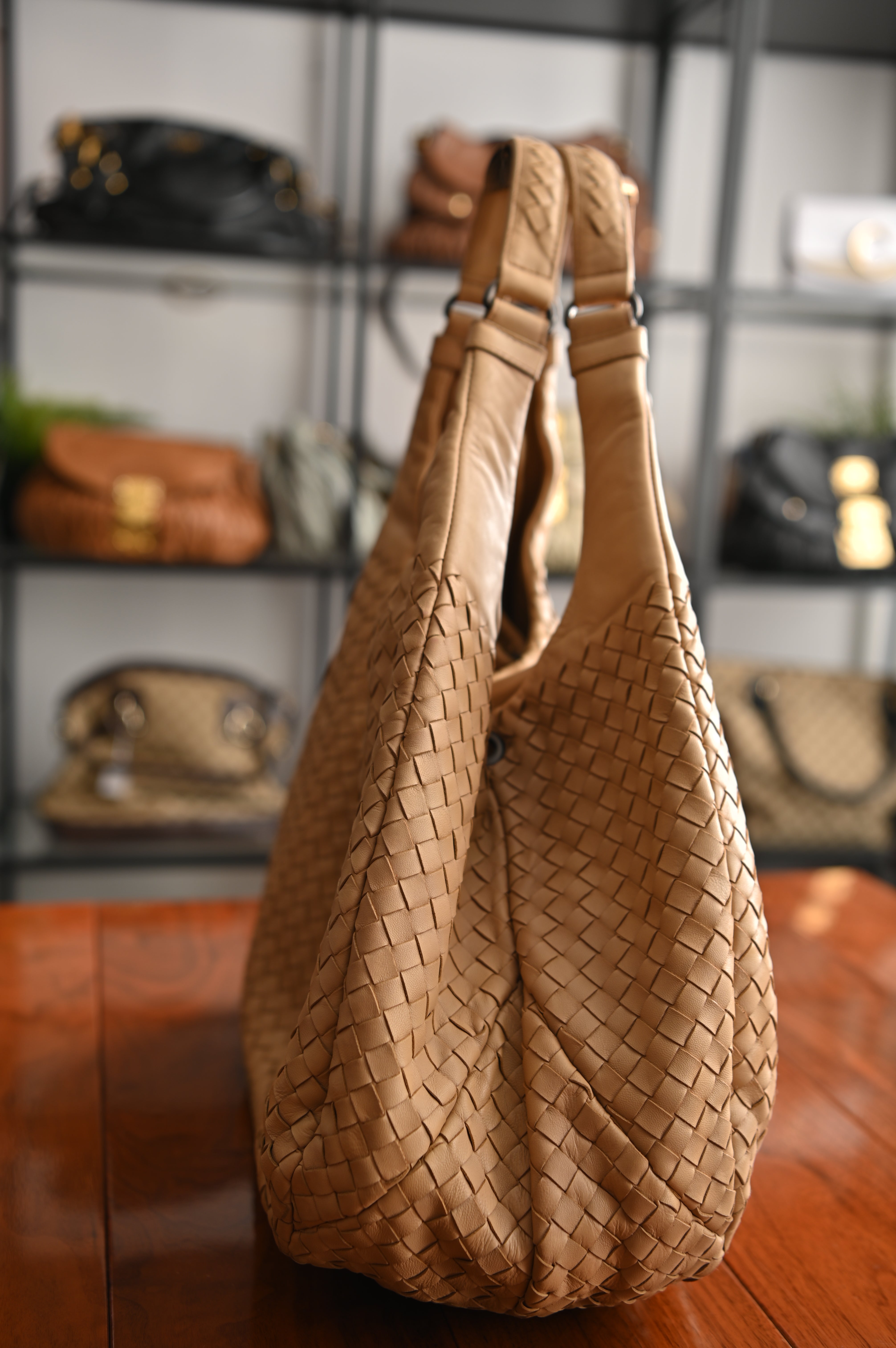 Bottega Veneta Sand Intrecciato Woven Nappa Leather Large Campana Bag