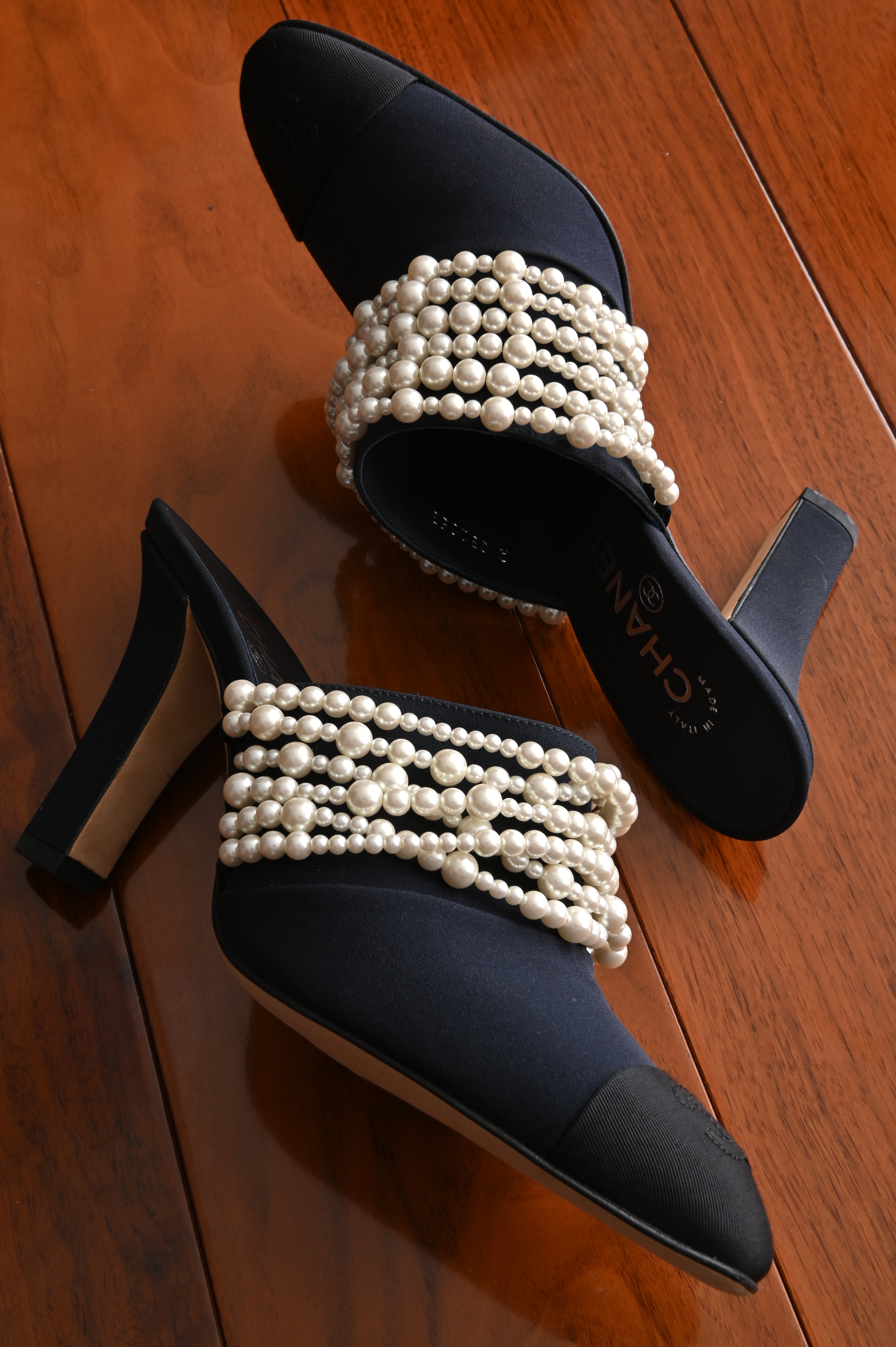 Chanel Black Canvas Pearl Embellished Mules