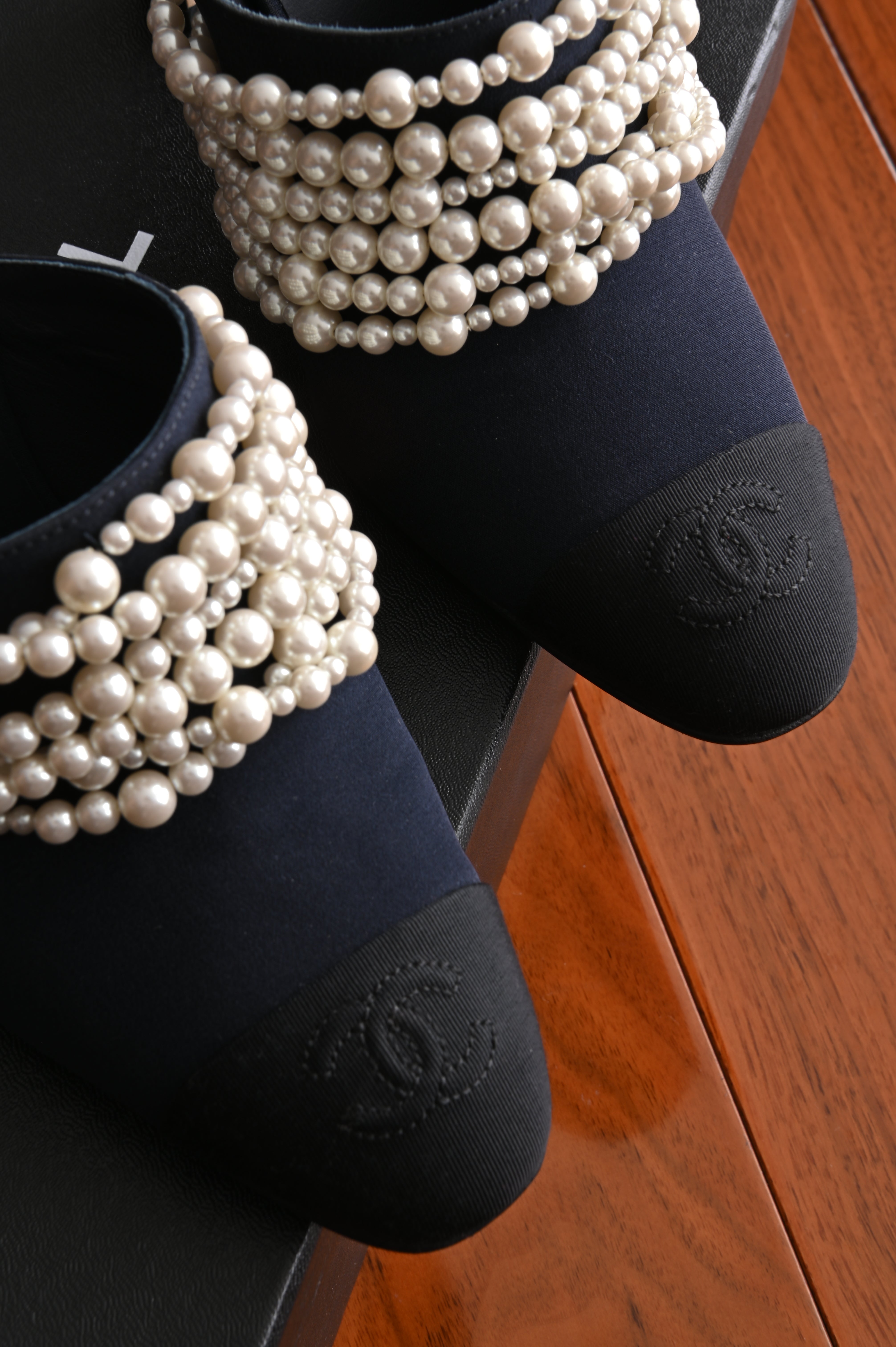 Chanel Black Canvas Pearl Embellished Mules