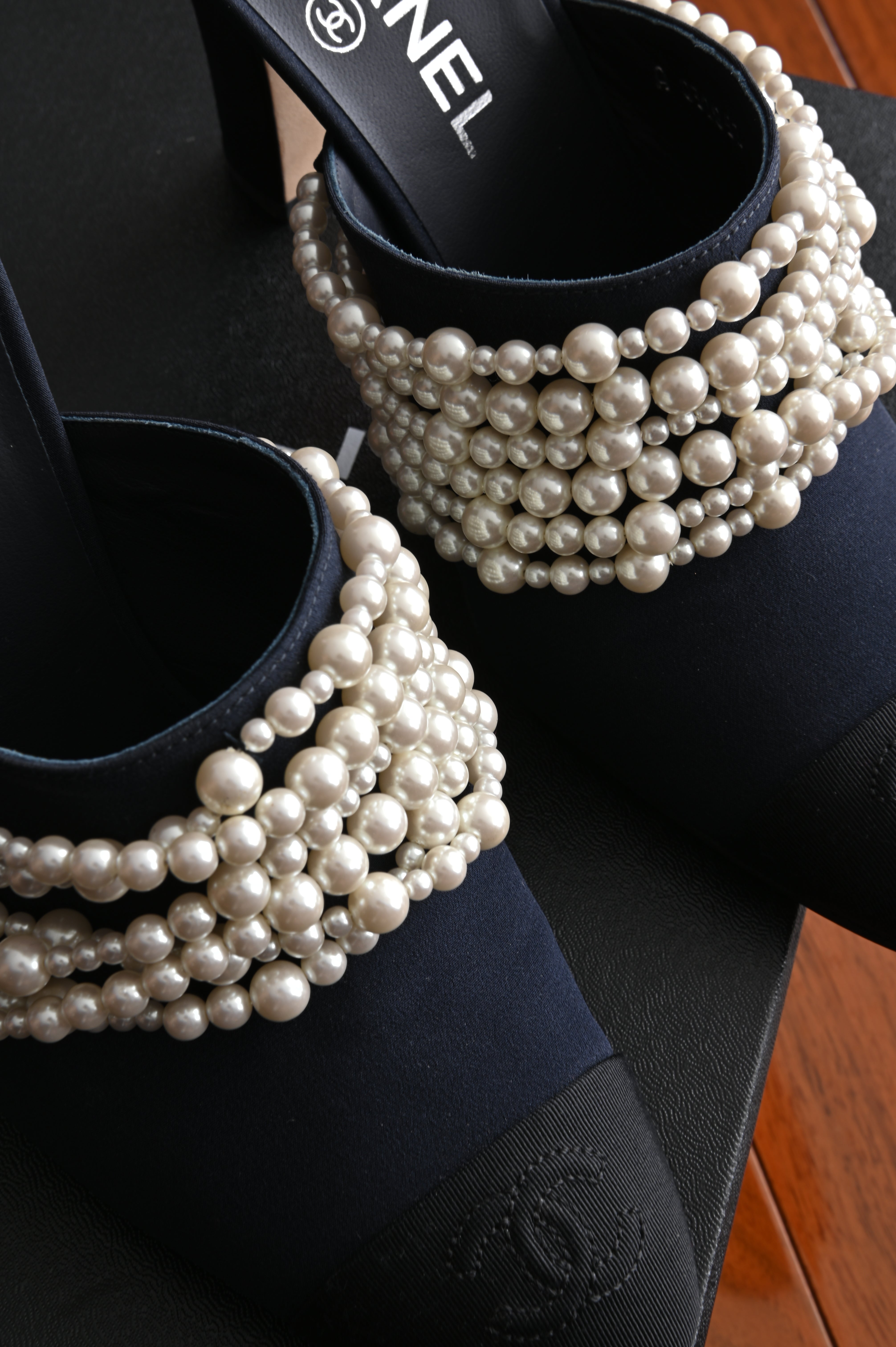 Chanel Black Canvas Pearl Embellished Mules