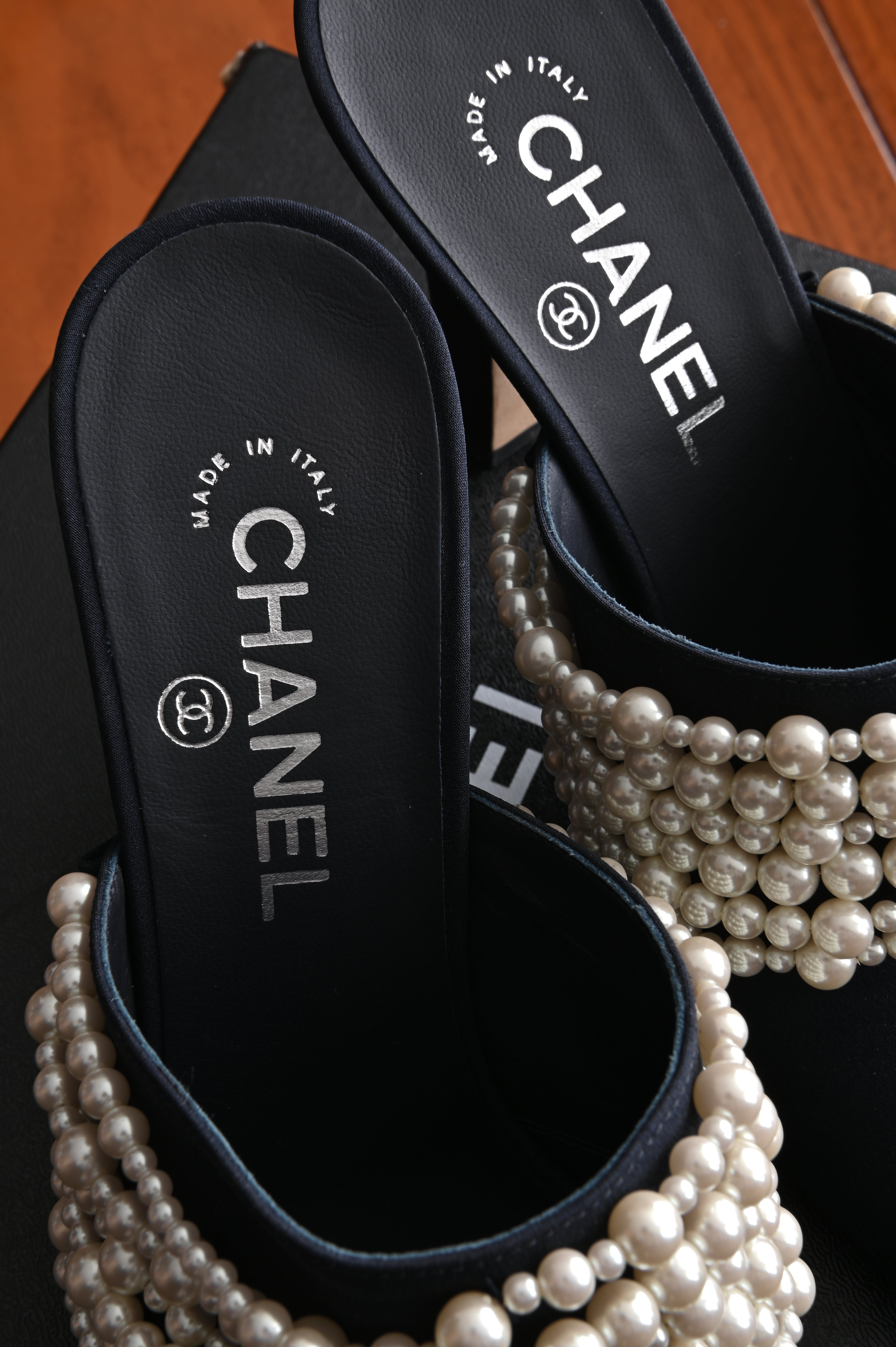 Chanel Black Canvas Pearl Embellished Mules